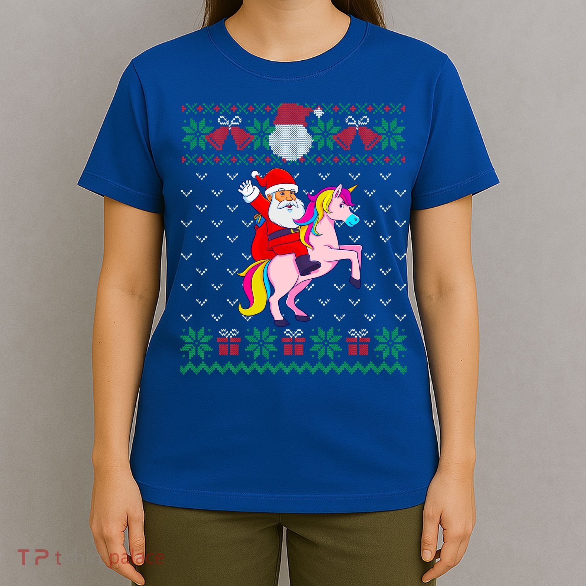 Santa Riding Unicorn Ugly Christmas Sweater Girls Cute Gift T-Shirt