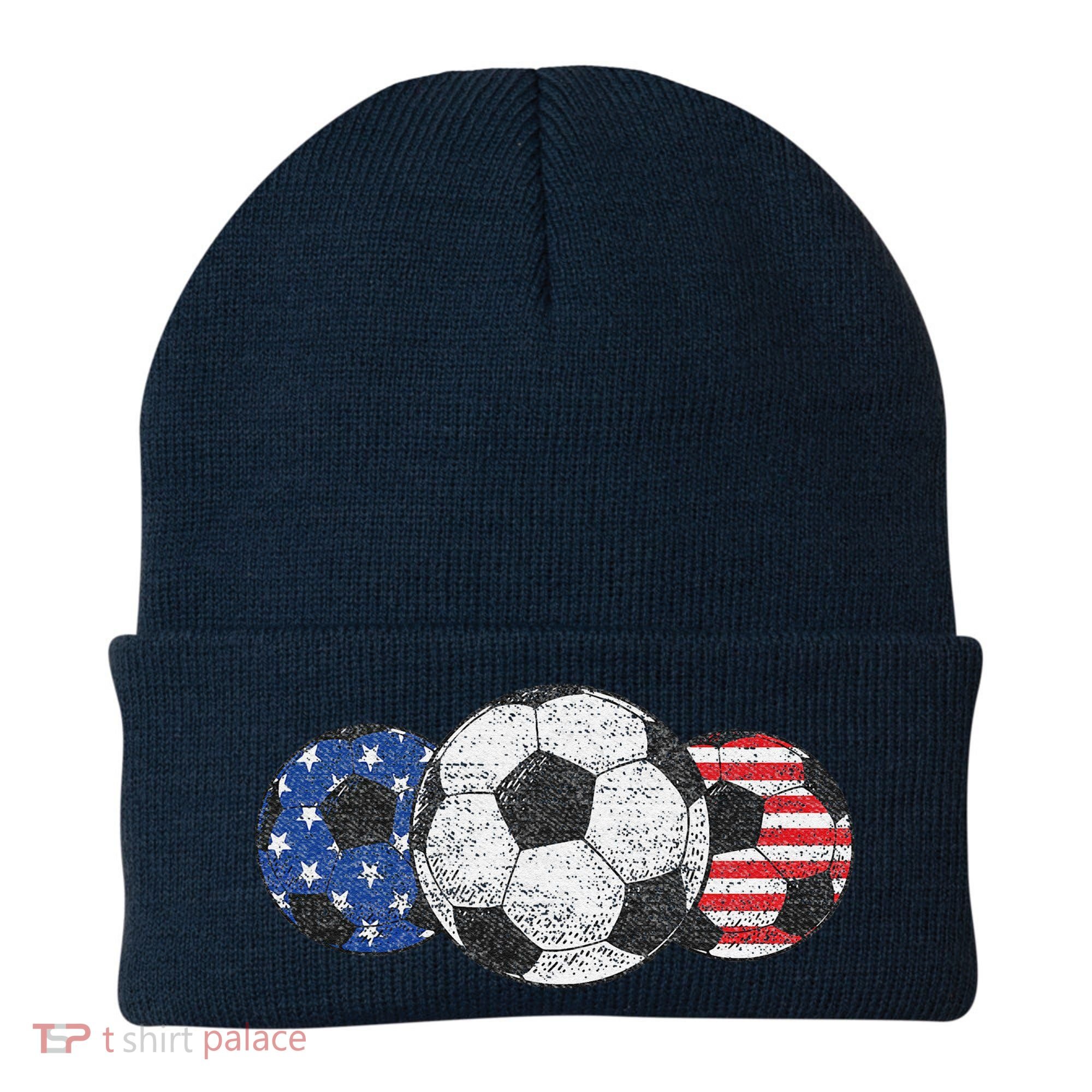 Soccer Red White Blue American Flag 4th Of July Beanie