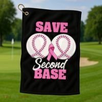 Save Second 2nd Base Funny Baseball Breast Cancer Awareness Premium Golf Towel thumb 1