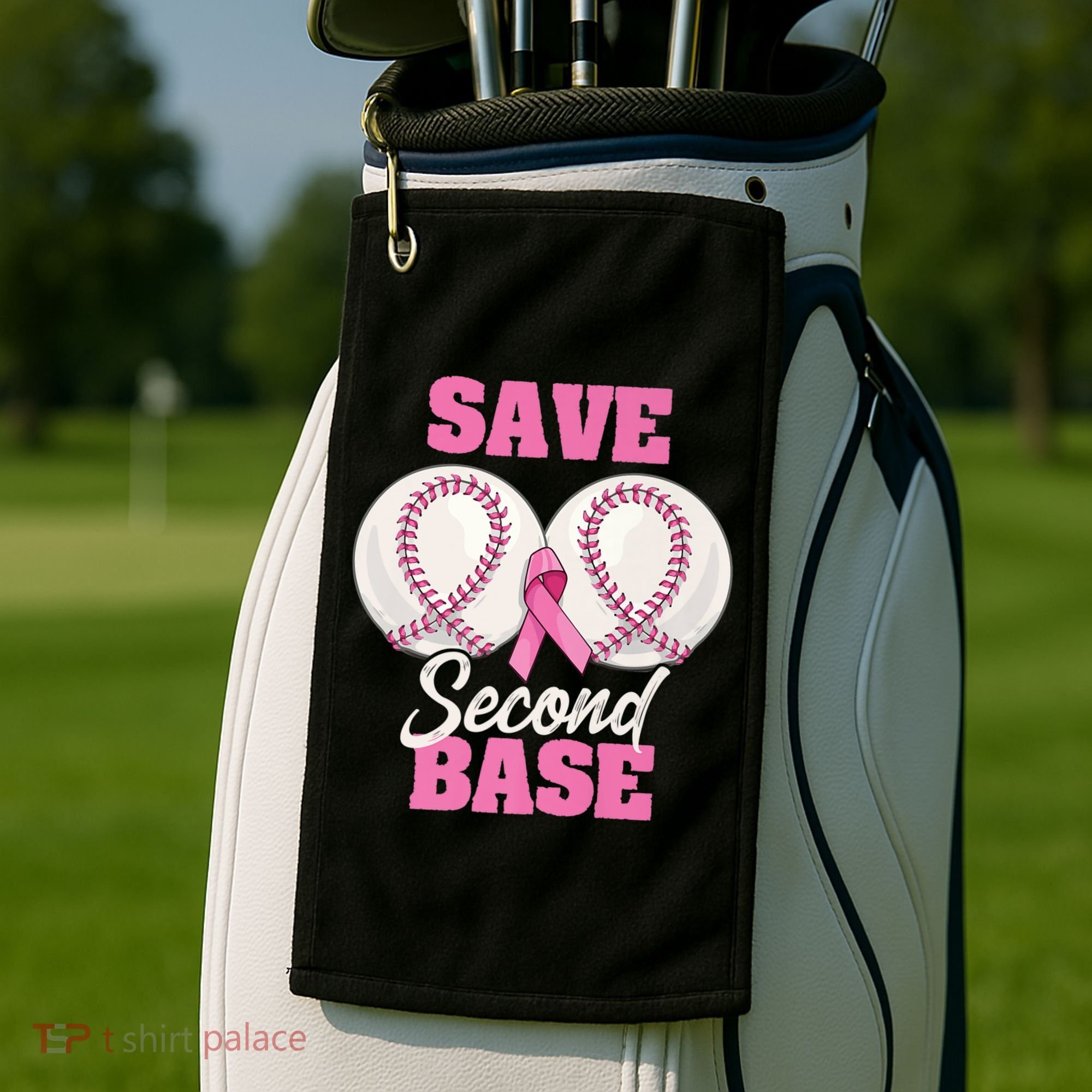 Save Second 2nd Base Funny Baseball Breast Cancer Awareness Premium Golf Towel