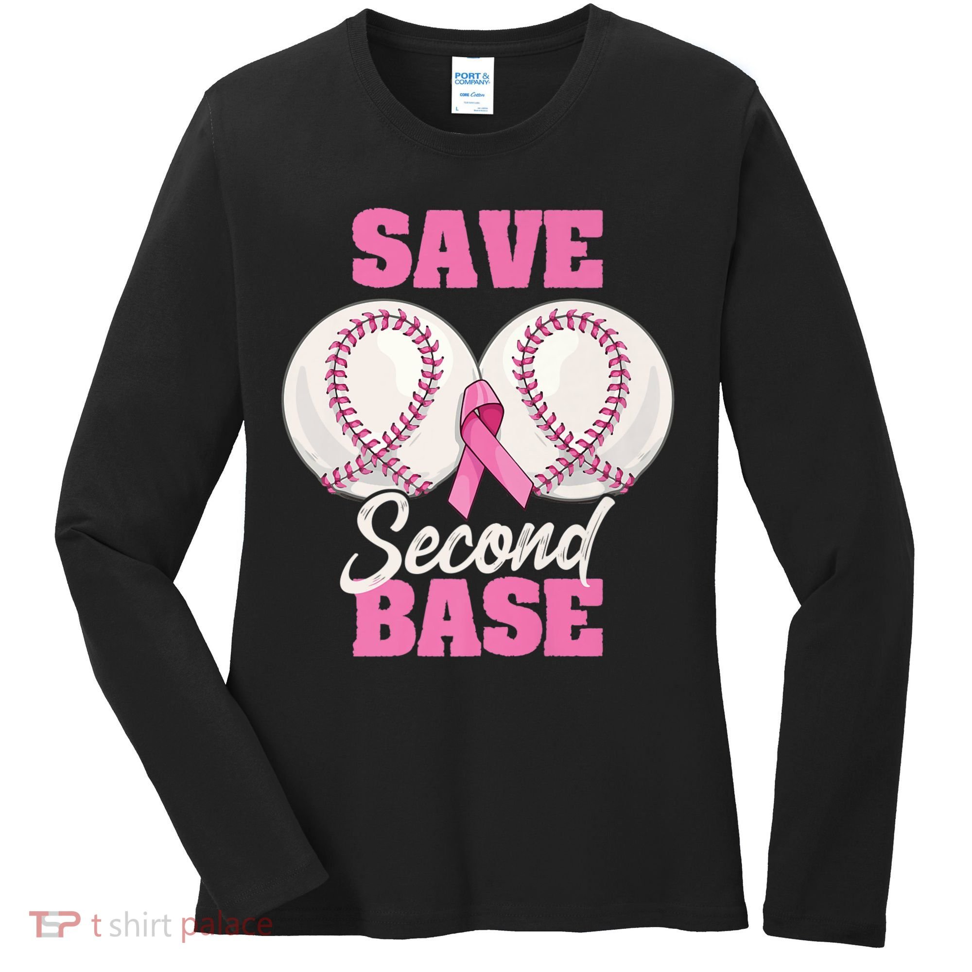 Save Second 2nd Base Funny Baseball Breast Cancer Awareness Premium Women's Long Sleeve Shirt