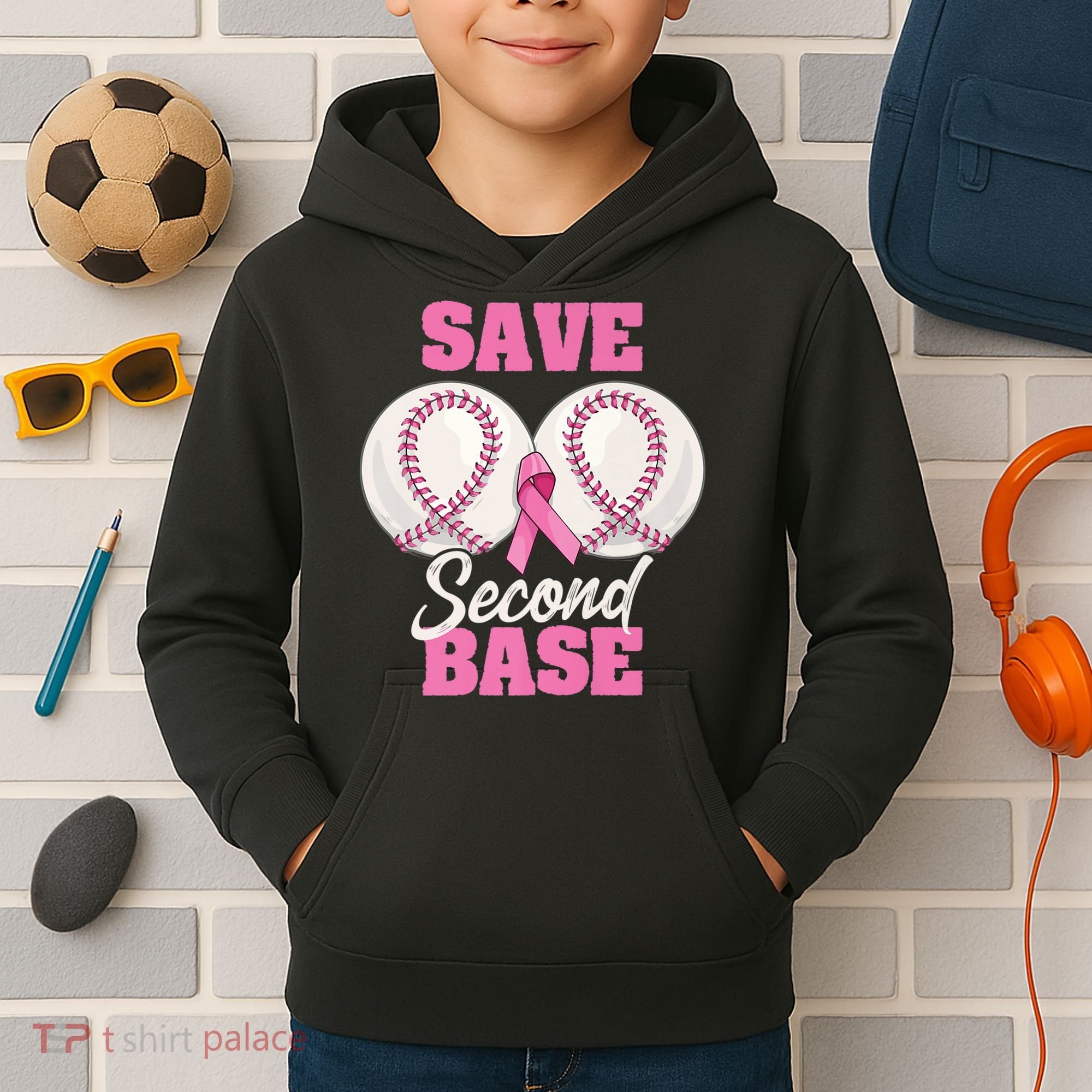 Save Second 2nd Base Funny Baseball Breast Cancer Awareness Premium Kids Hoodie