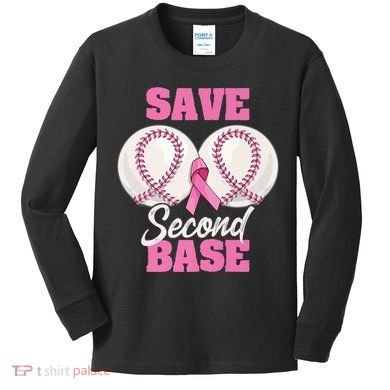 Save Second 2nd Base Funny Baseball Breast Cancer Awareness Premium Kids Long Sleeve Shirt