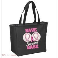 Save Second 2nd Base Funny Baseball Breast Cancer Awareness Premium Tote Bag thumb 2