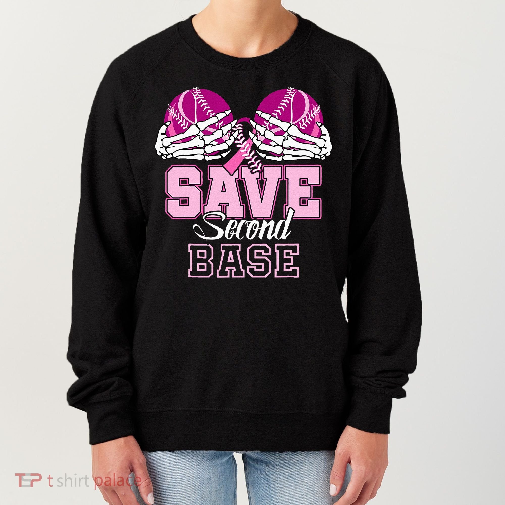 Save Second 2nd Base Funny Baseball Breast Cancer Awareness Women's Sweatshirt