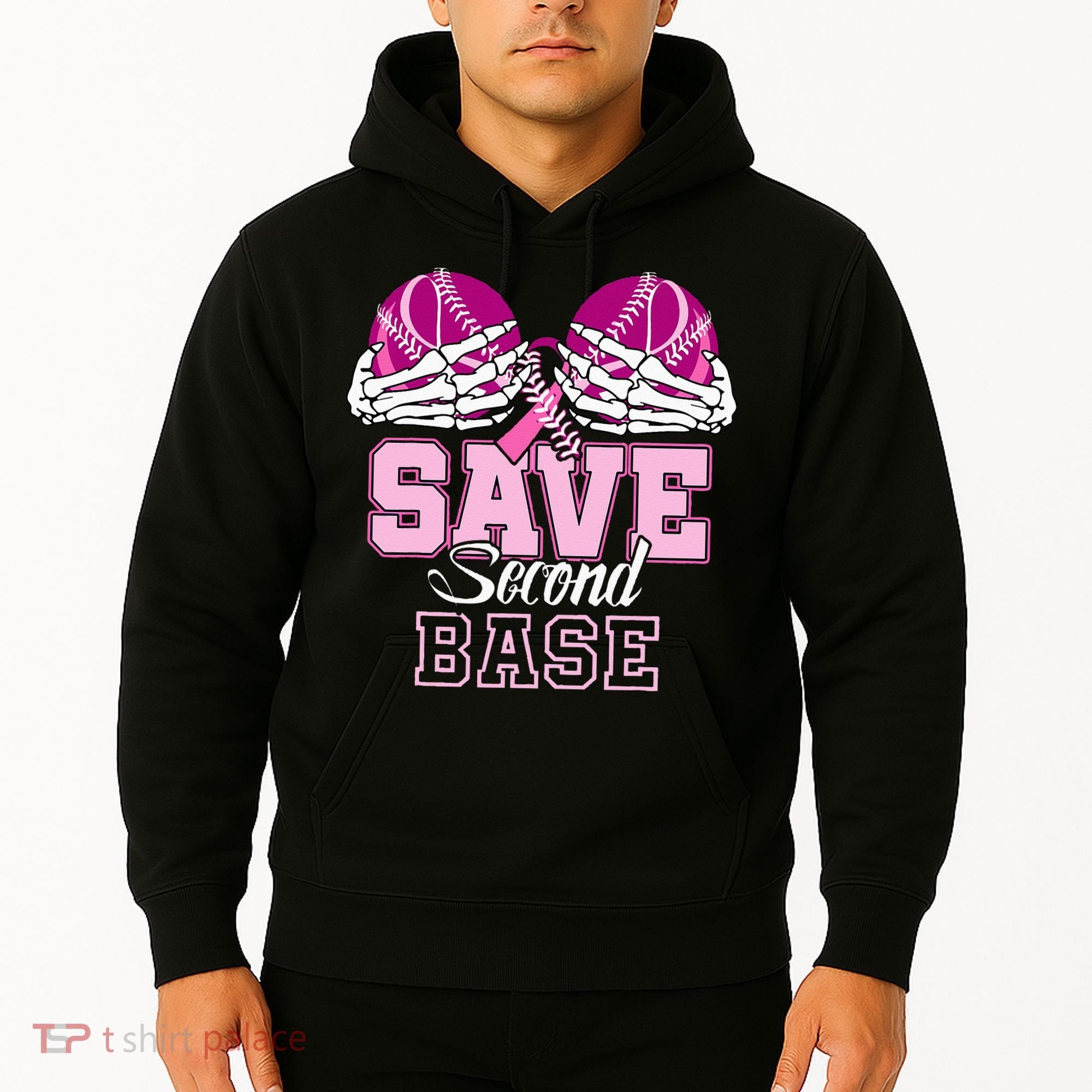 Save Second 2nd Base Funny Baseball Breast Cancer Awareness Hoodie