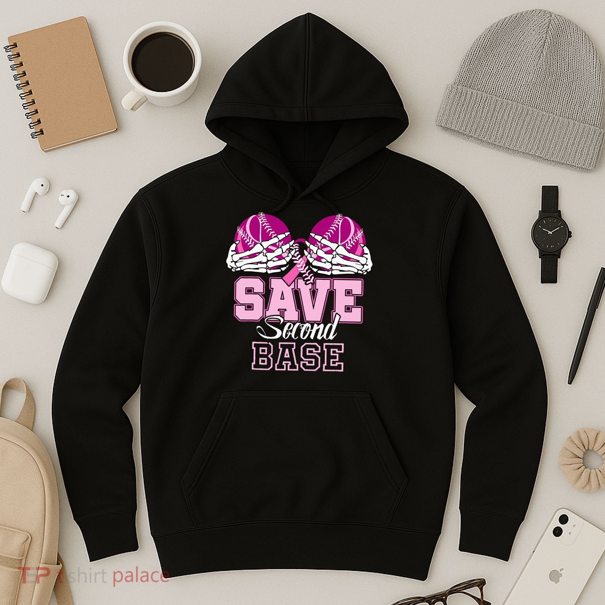 Save Second 2nd Base Funny Baseball Breast Cancer Awareness Hoodie