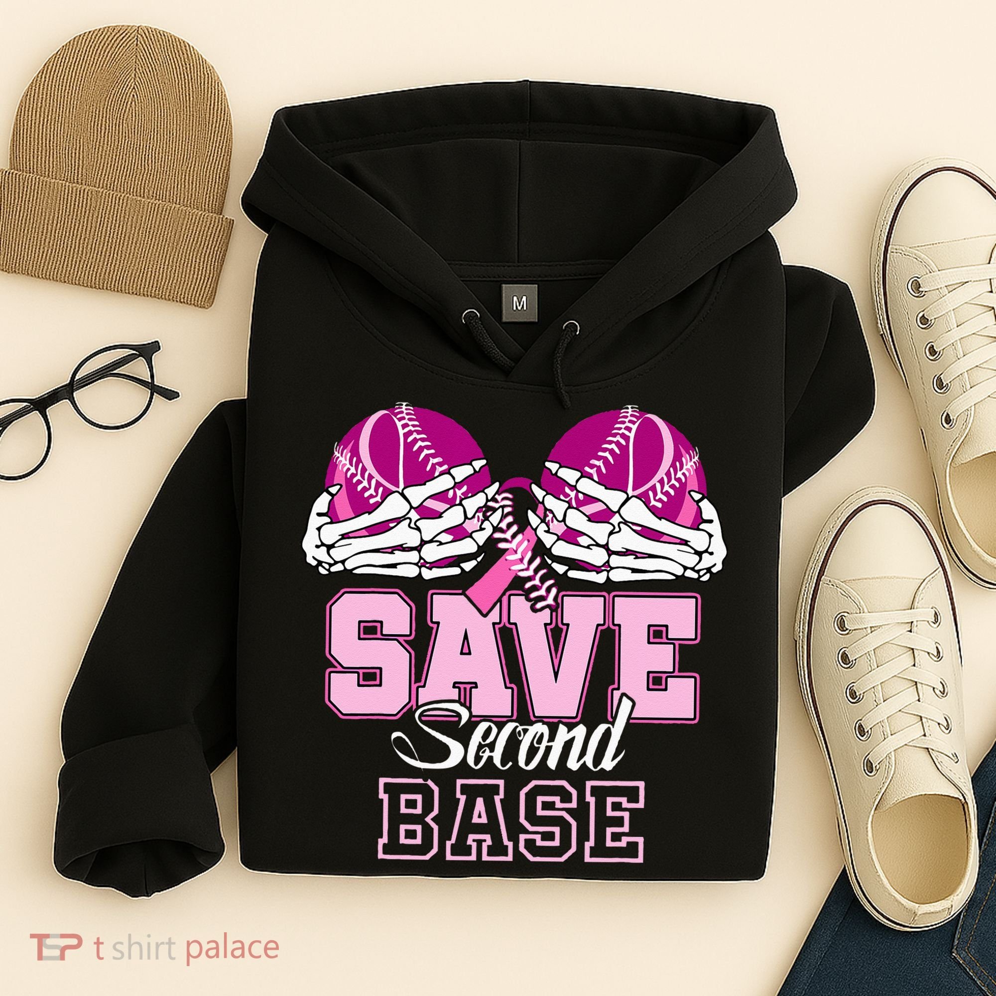 Save Second 2nd Base Funny Baseball Breast Cancer Awareness Hoodie