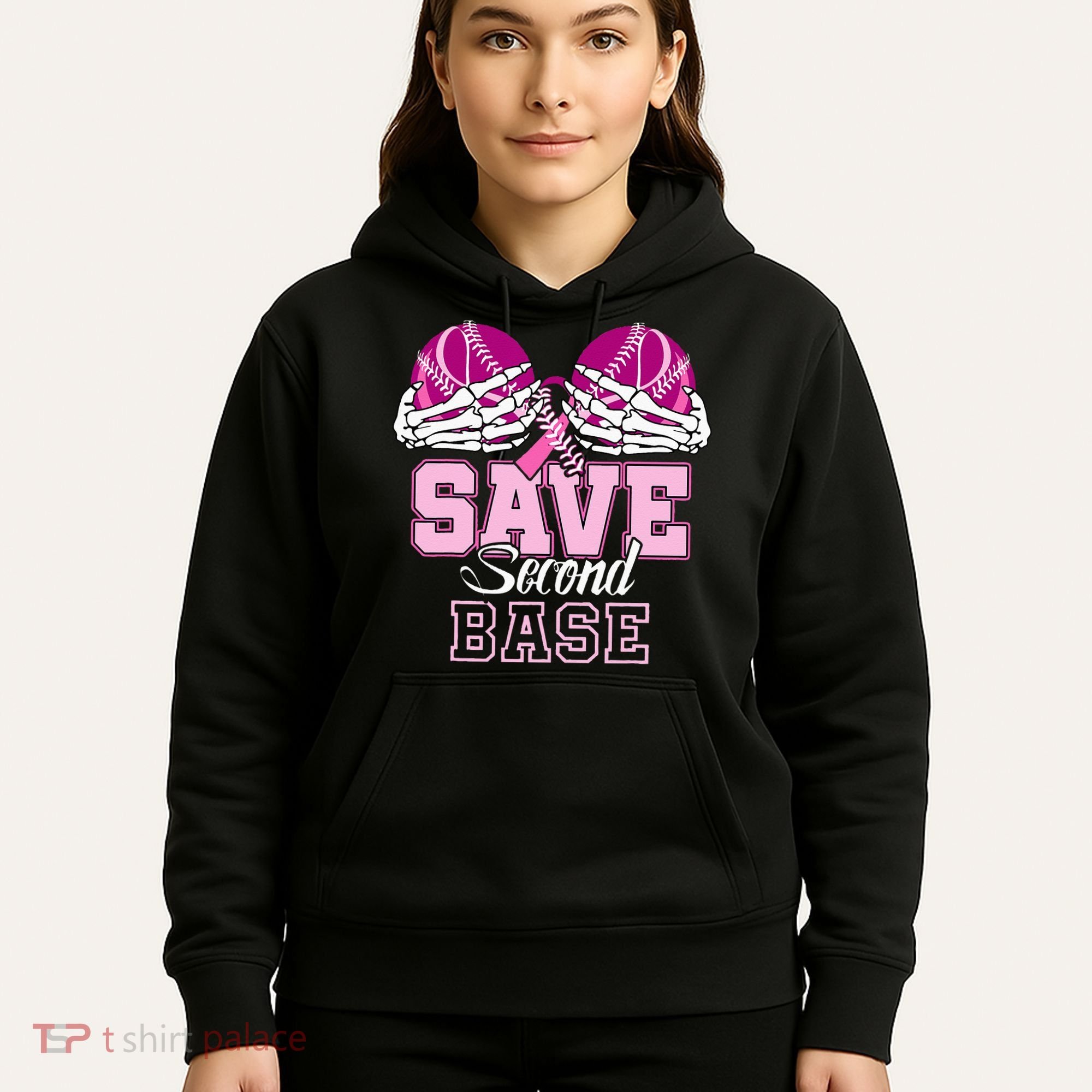 Save Second 2nd Base Funny Baseball Breast Cancer Awareness Hoodie