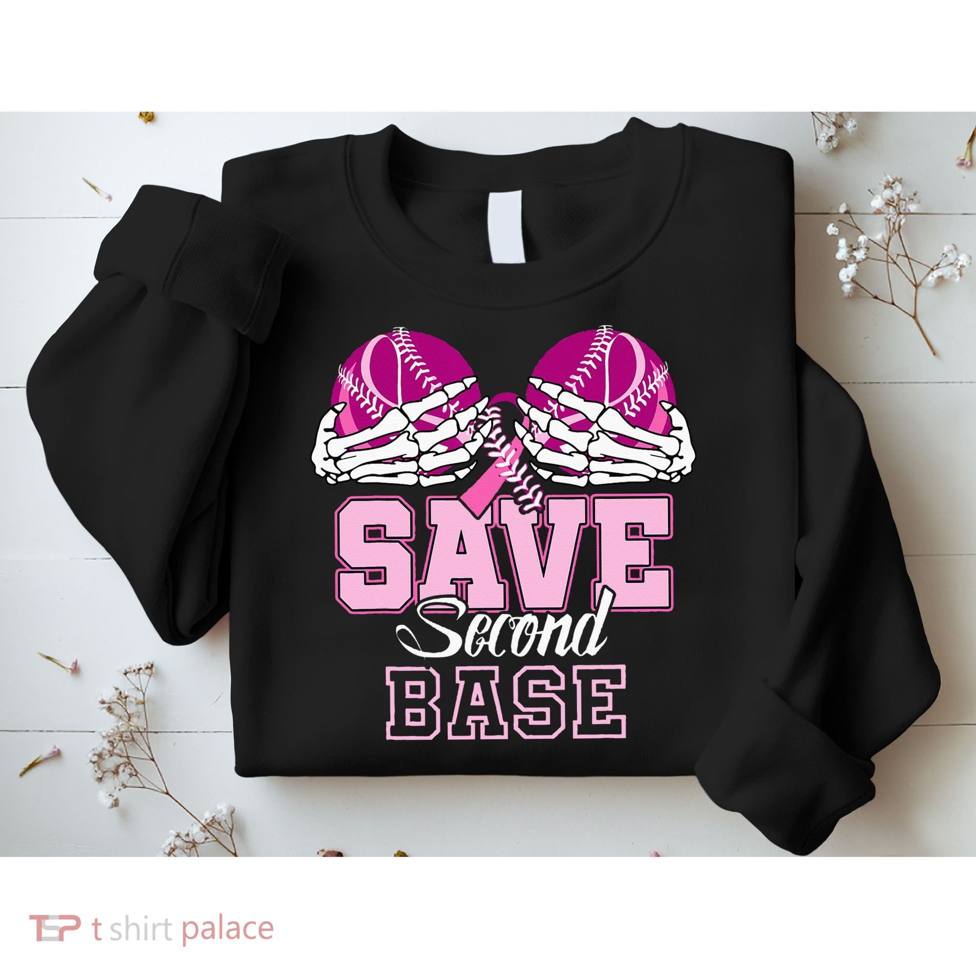 Save Second 2nd Base Funny Baseball Breast Cancer Awareness Sweatshirt