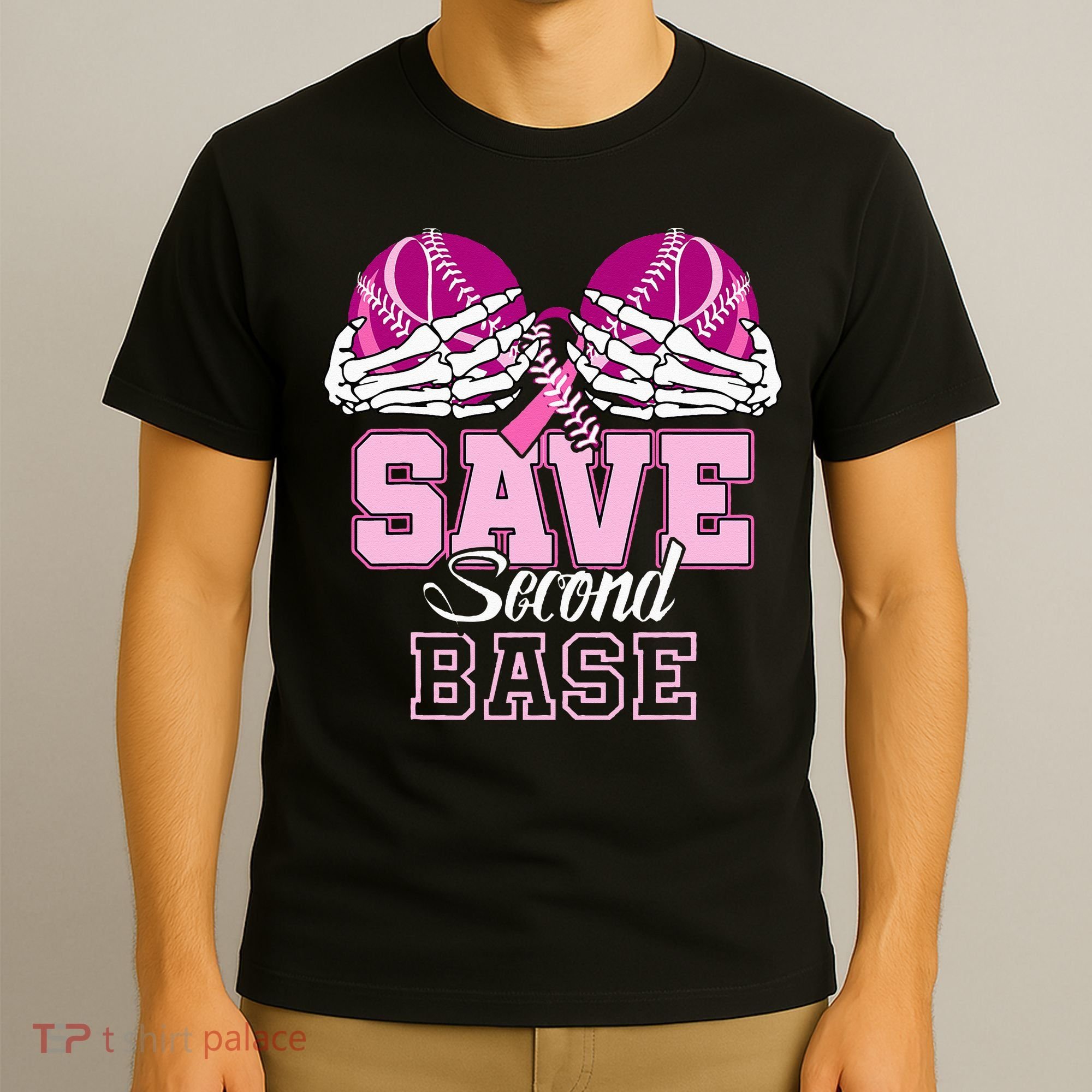 Save Second 2nd Base Funny Baseball Breast Cancer Awareness T-Shirt