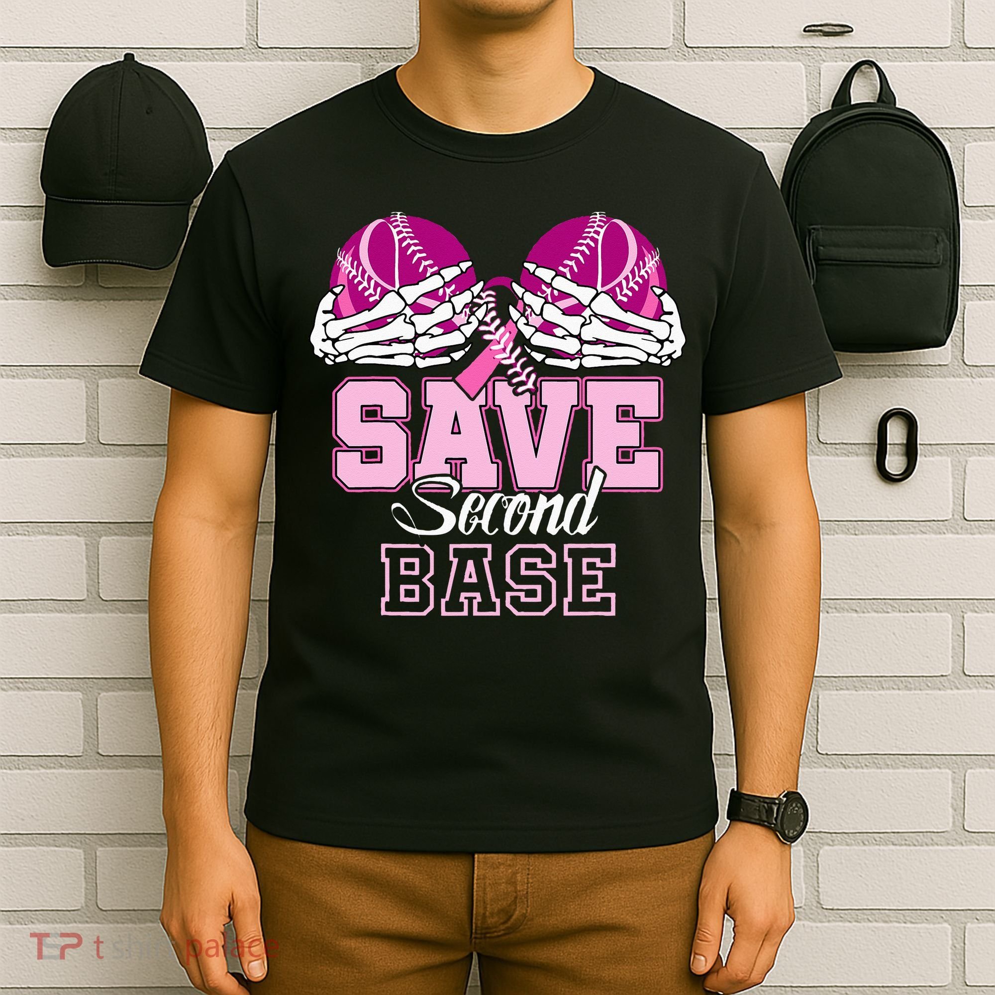 Save Second 2nd Base Funny Baseball Breast Cancer Awareness T-Shirt