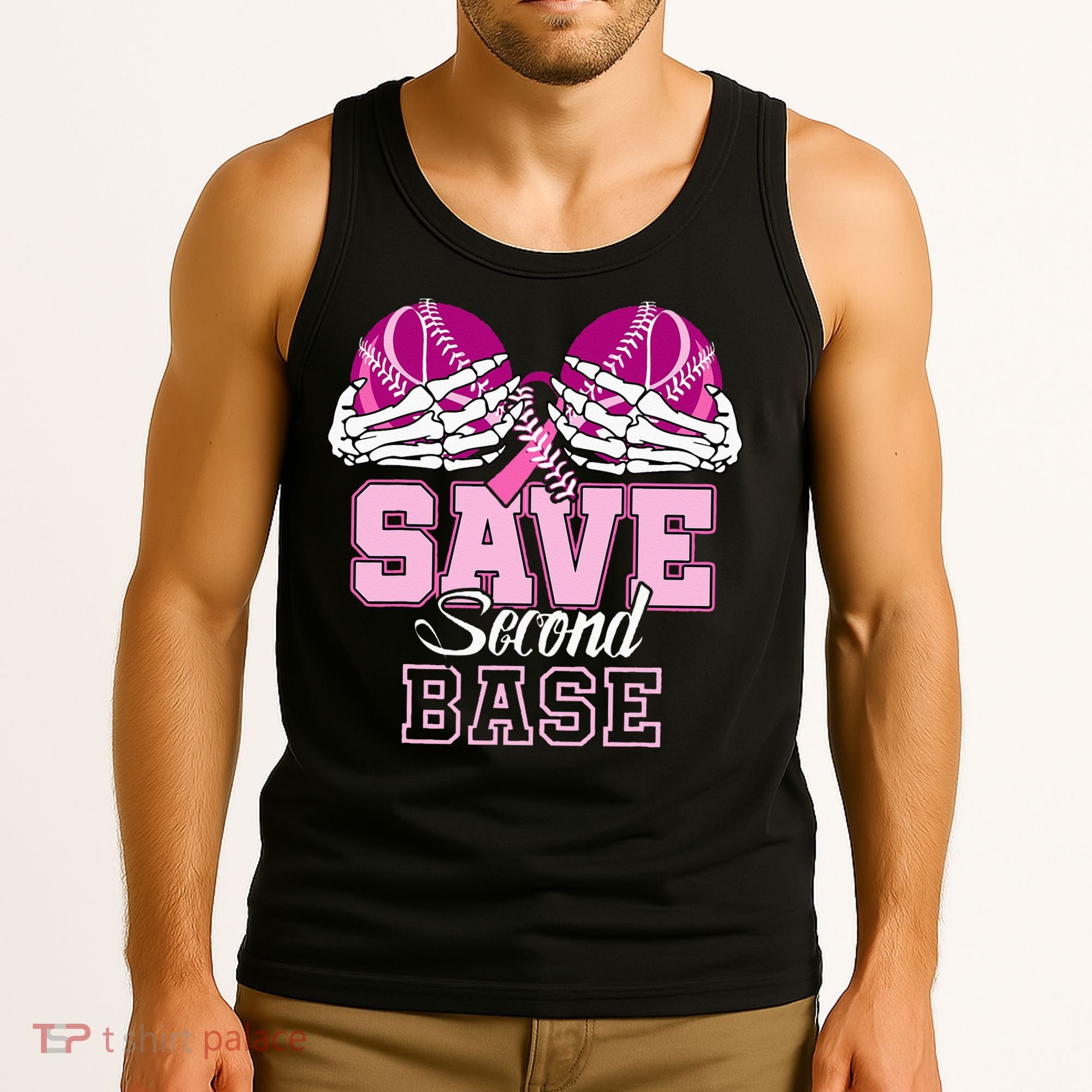 Save Second 2nd Base Funny Baseball Breast Cancer Awareness Tank Top