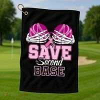Save Second 2nd Base Funny Baseball Breast Cancer Awareness Golf Towel thumb 1