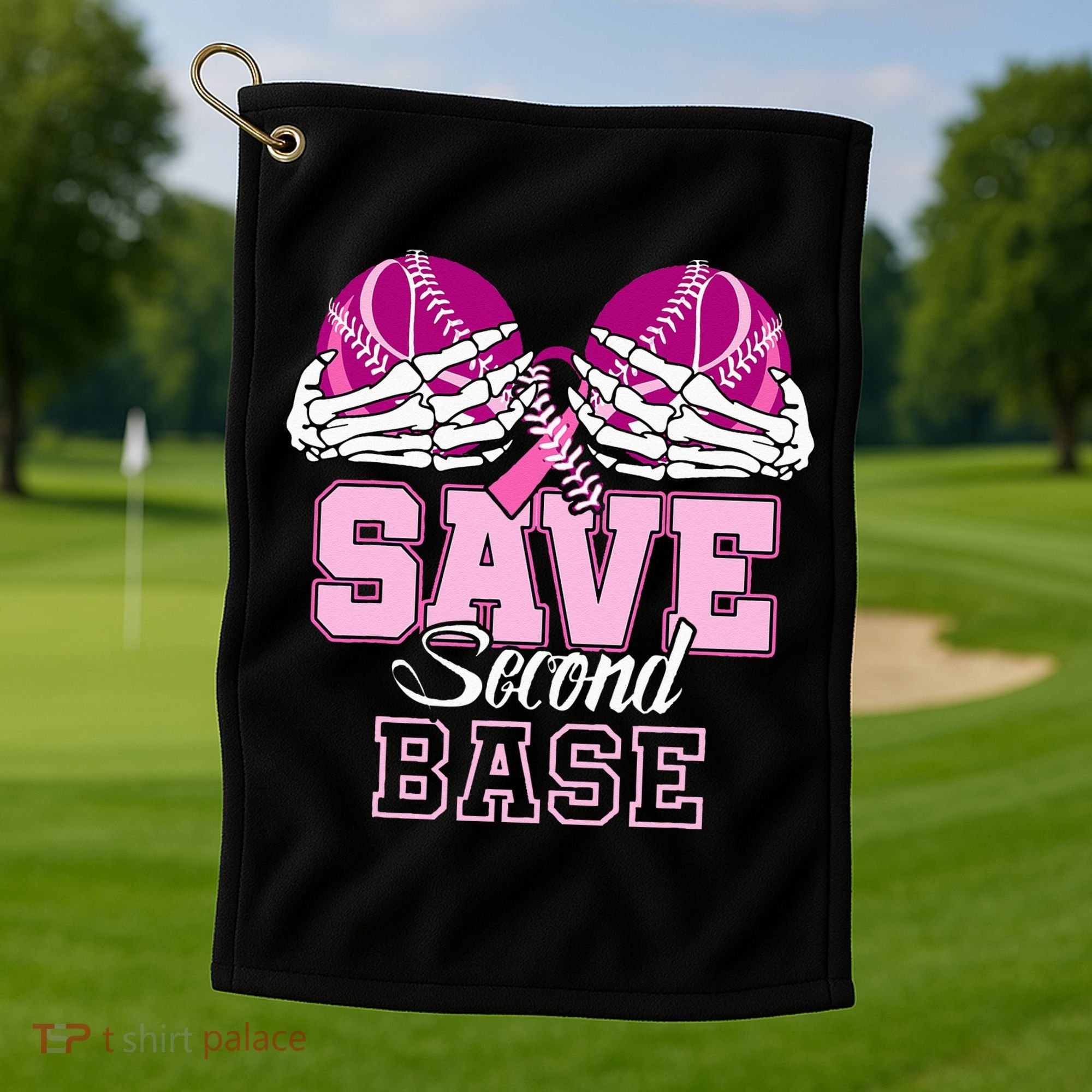 Save Second 2nd Base Funny Baseball Breast Cancer Awareness Golf Towel