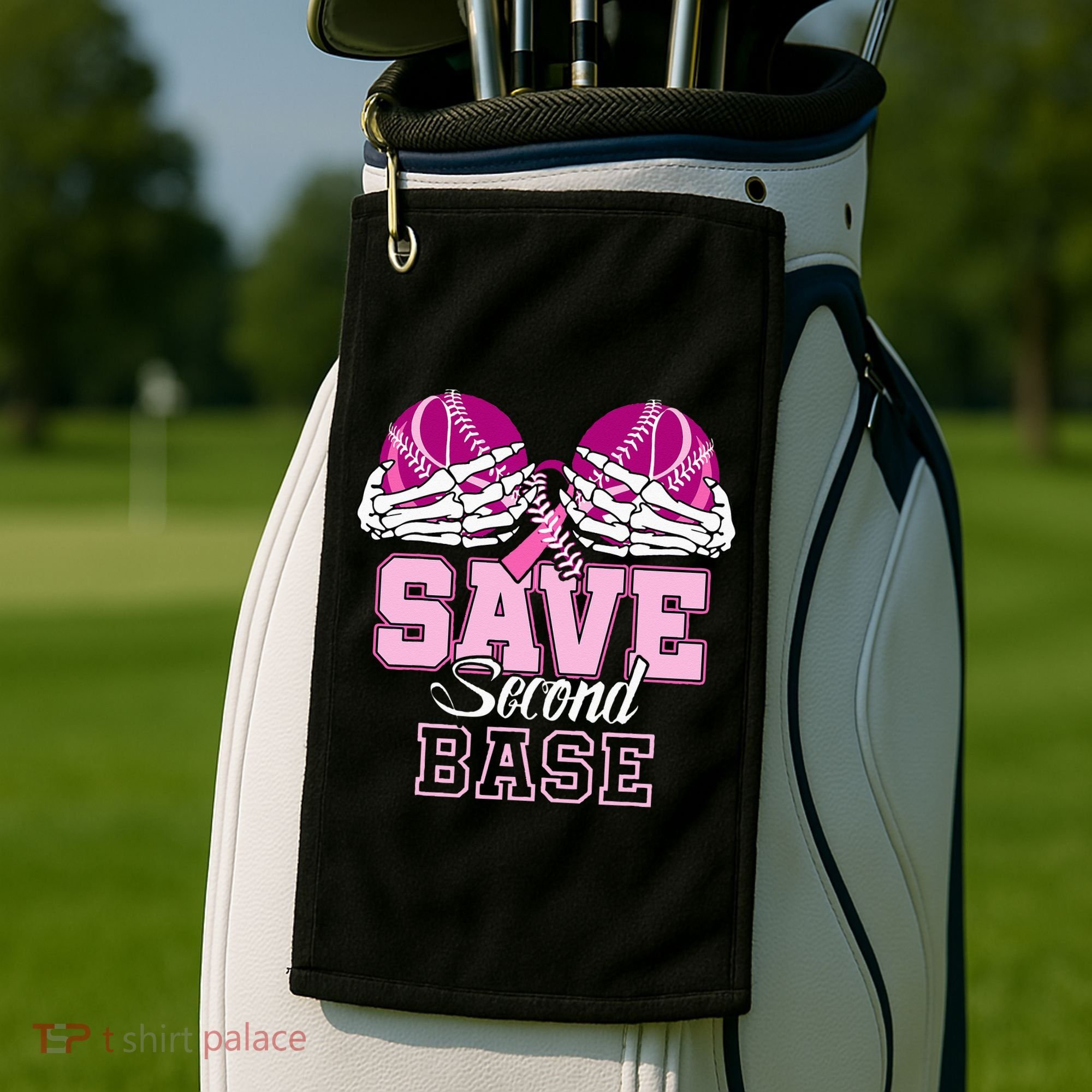 Save Second 2nd Base Funny Baseball Breast Cancer Awareness Golf Towel