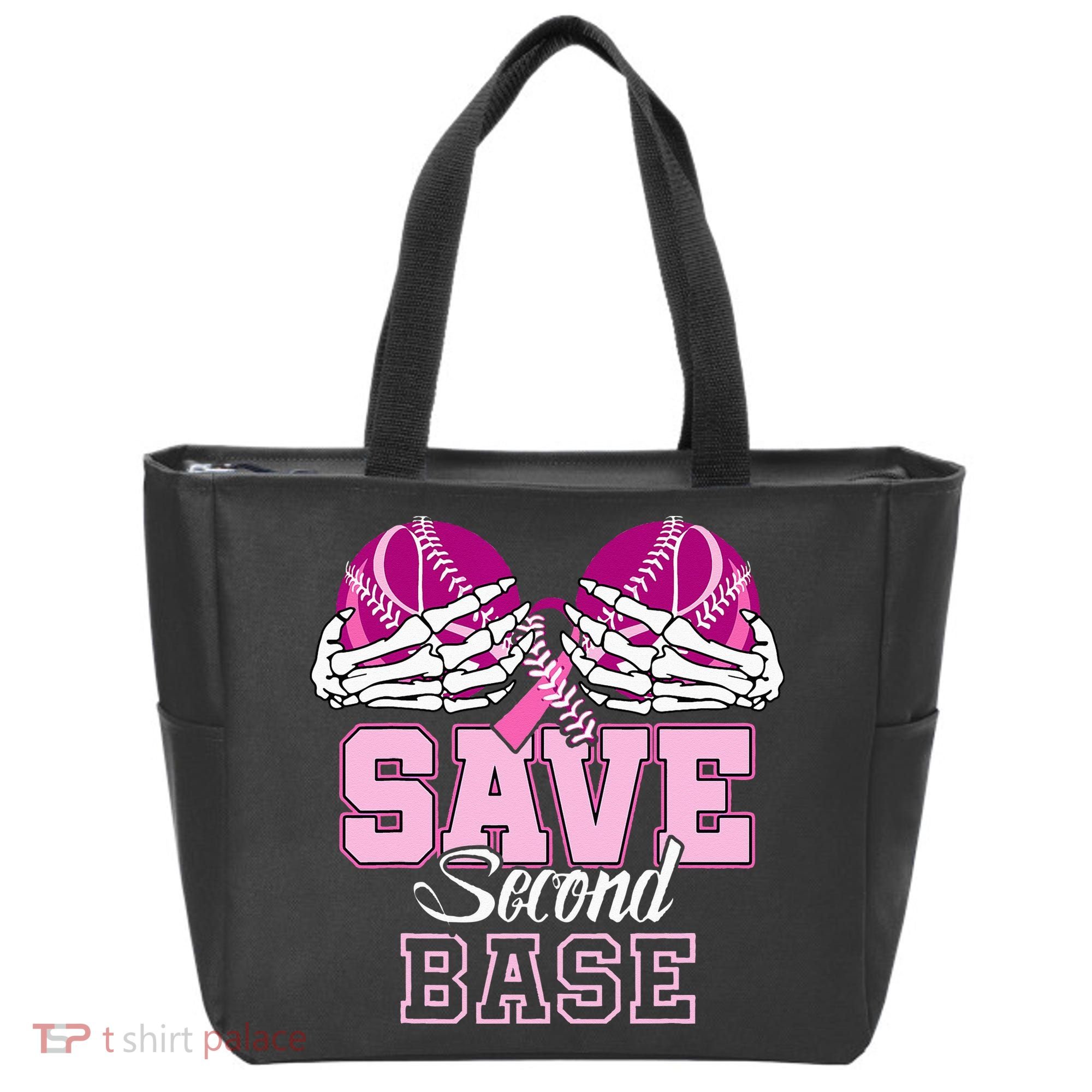 Save Second 2nd Base Funny Baseball Breast Cancer Awareness Tote Bag