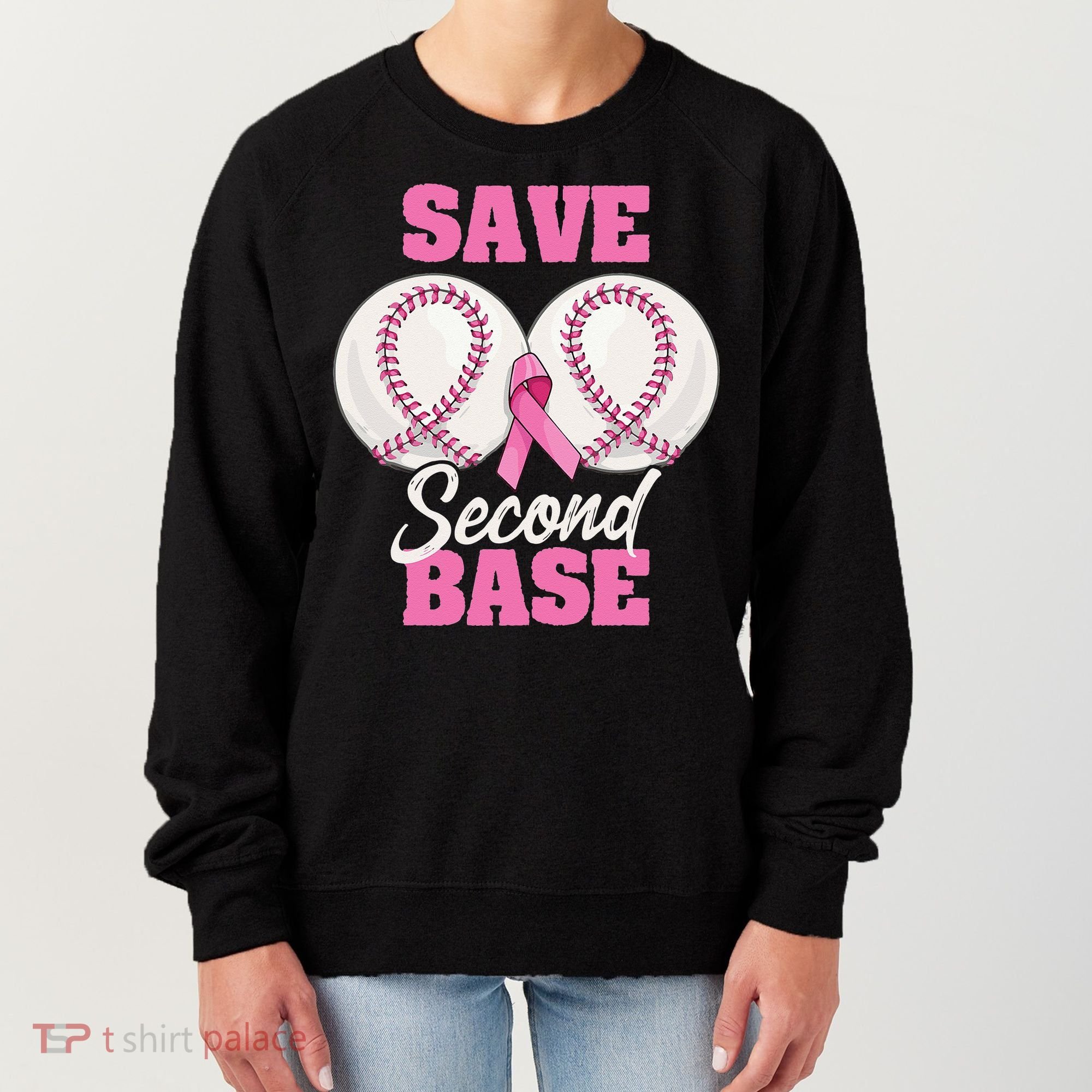 Save Second 2nd Base Funny Baseball Breast Cancer Awareness Women's Sweatshirt