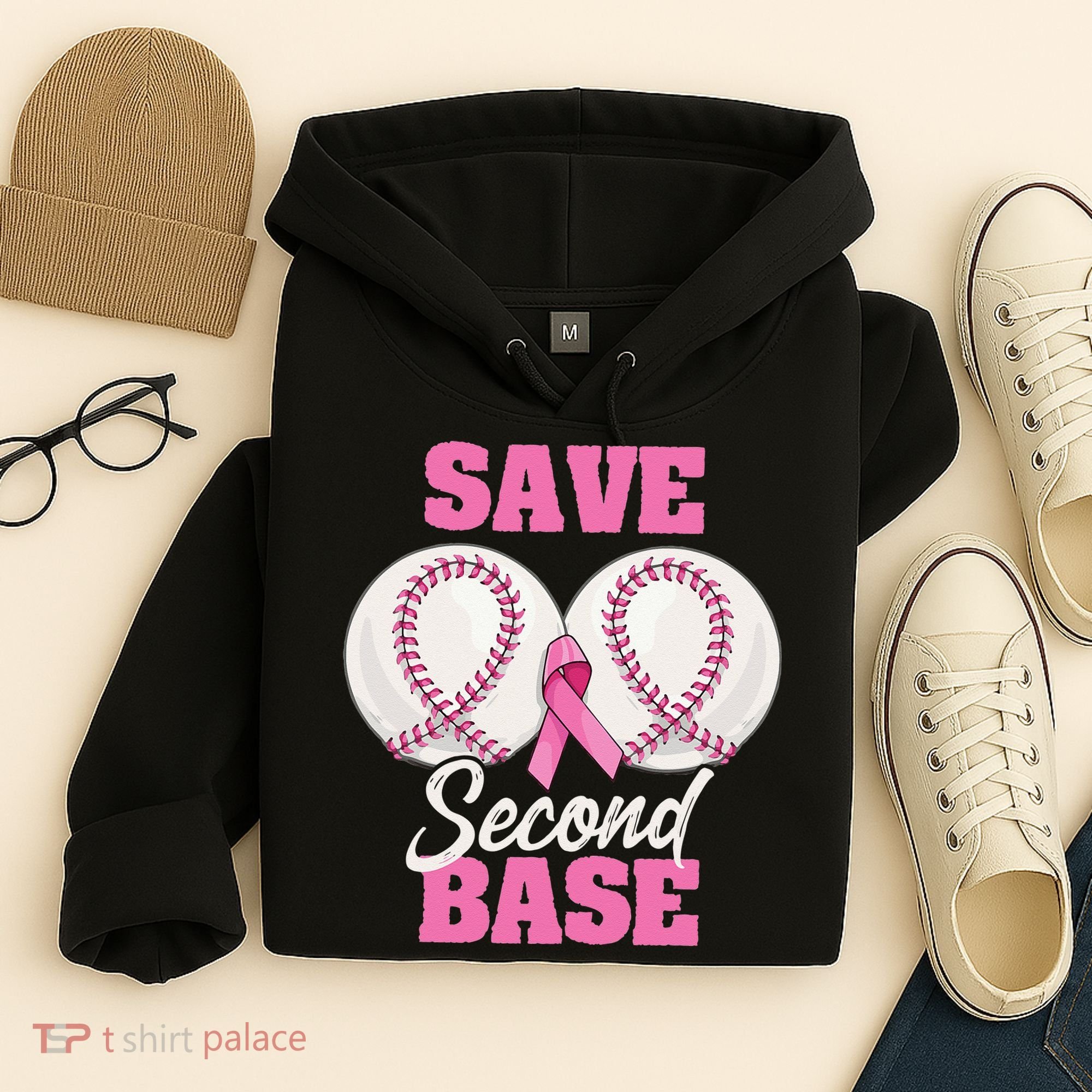 Save Second 2nd Base Funny Baseball Breast Cancer Awareness Hoodie