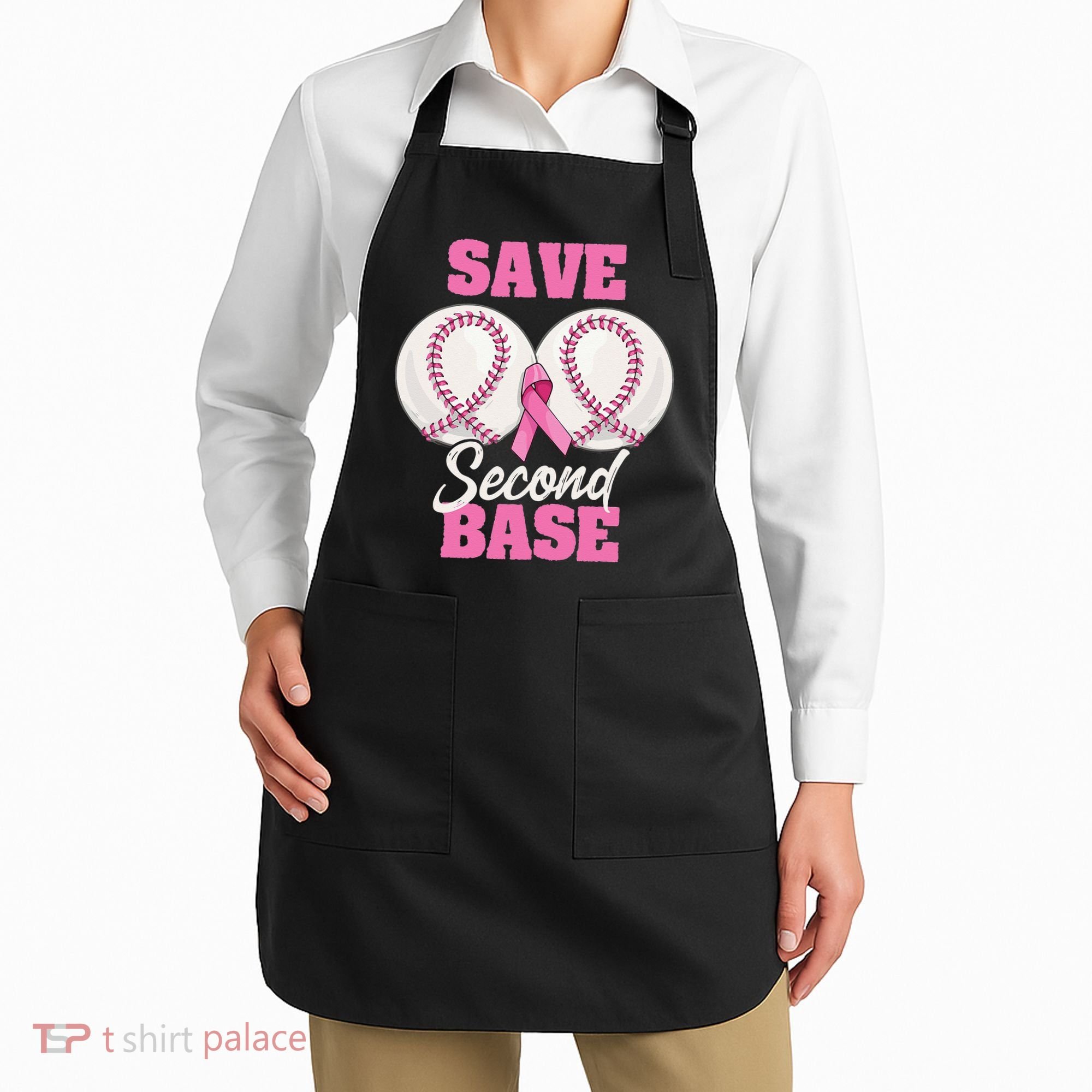 Save Second 2nd Base Funny Baseball Breast Cancer Awareness Apron