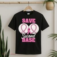 Save Second 2nd Base Funny Baseball Breast Cancer Awareness T-Shirt thumb 2