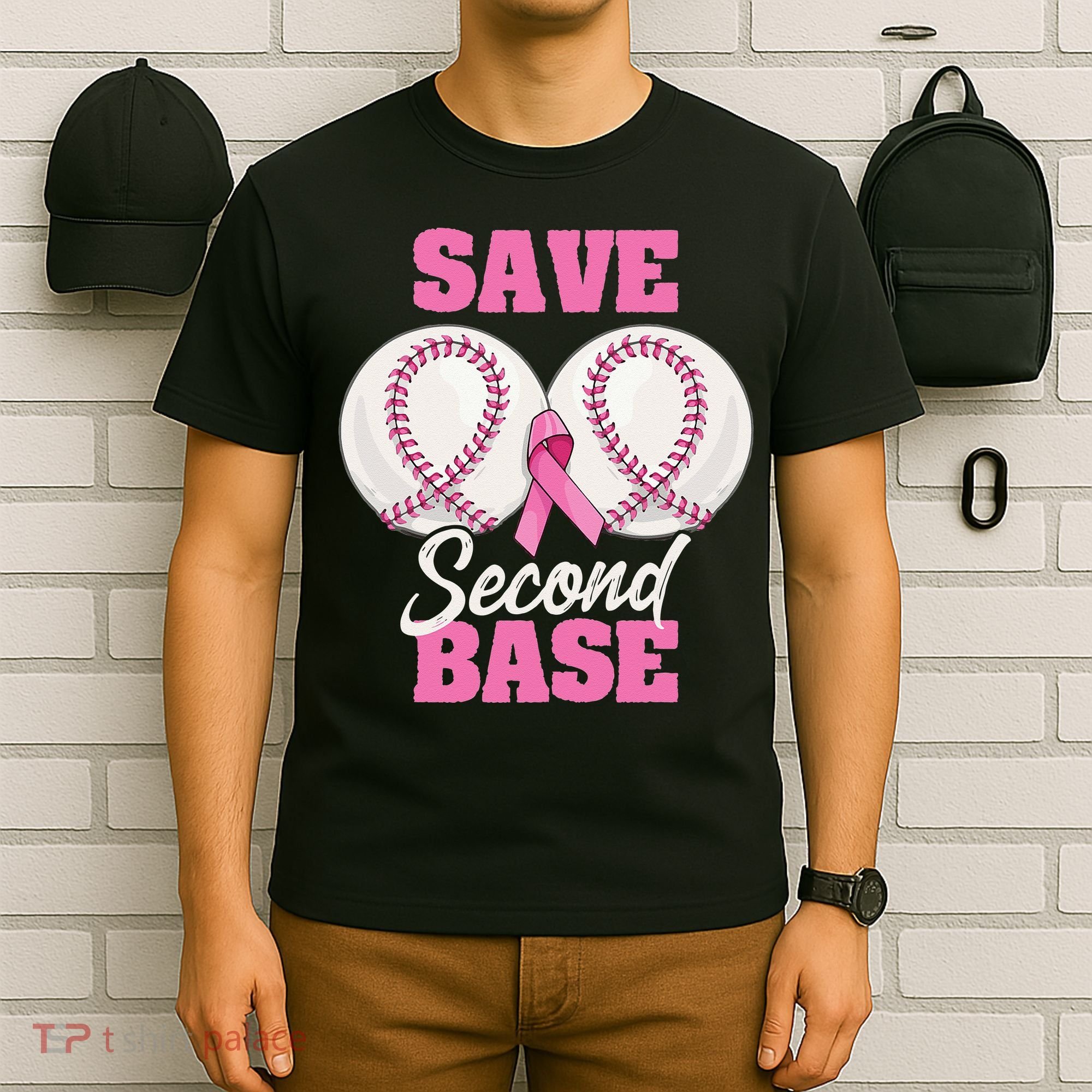 Save Second 2nd Base Funny Baseball Breast Cancer Awareness T-Shirt