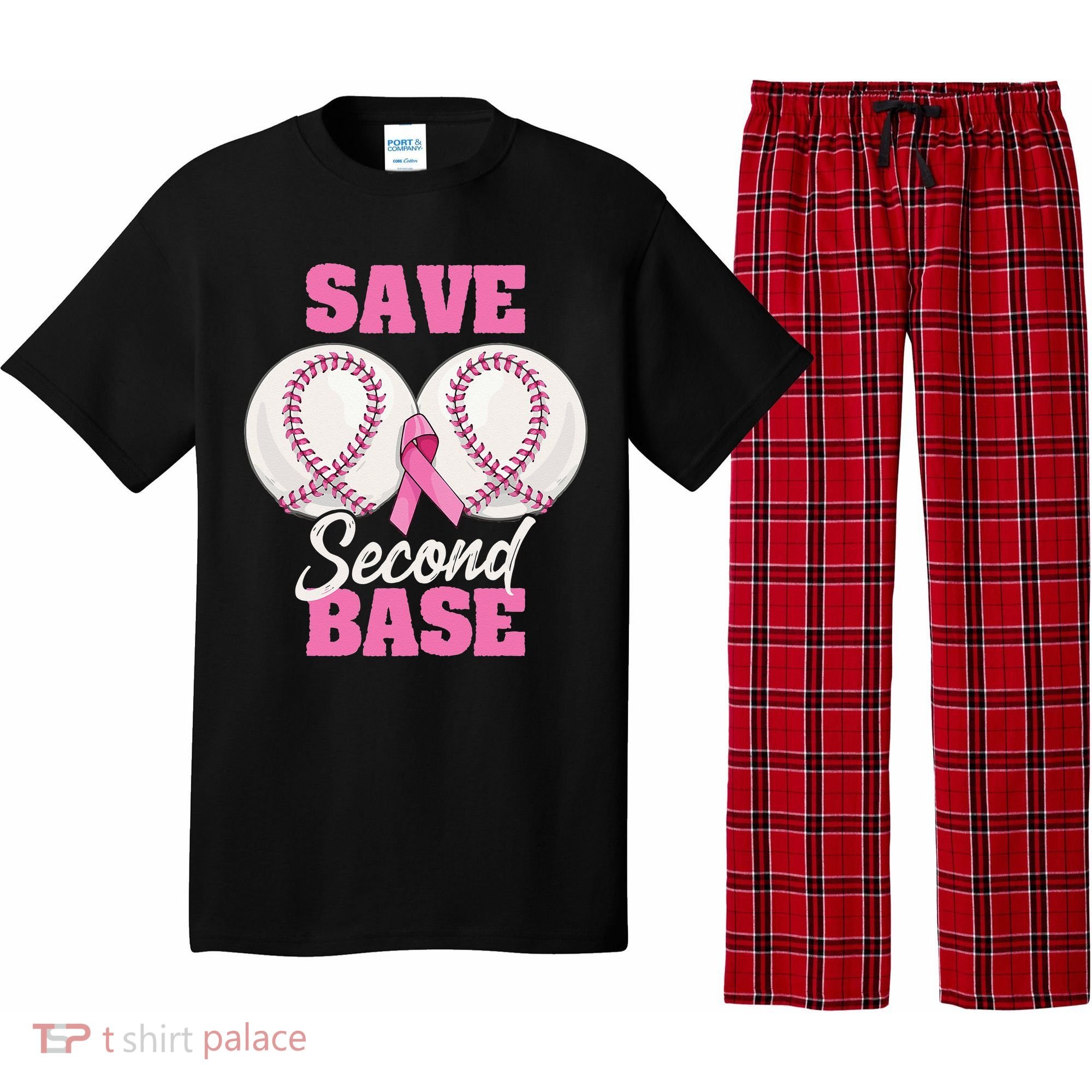Save Second 2nd Base Funny Baseball Breast Cancer Awareness Pajama Set