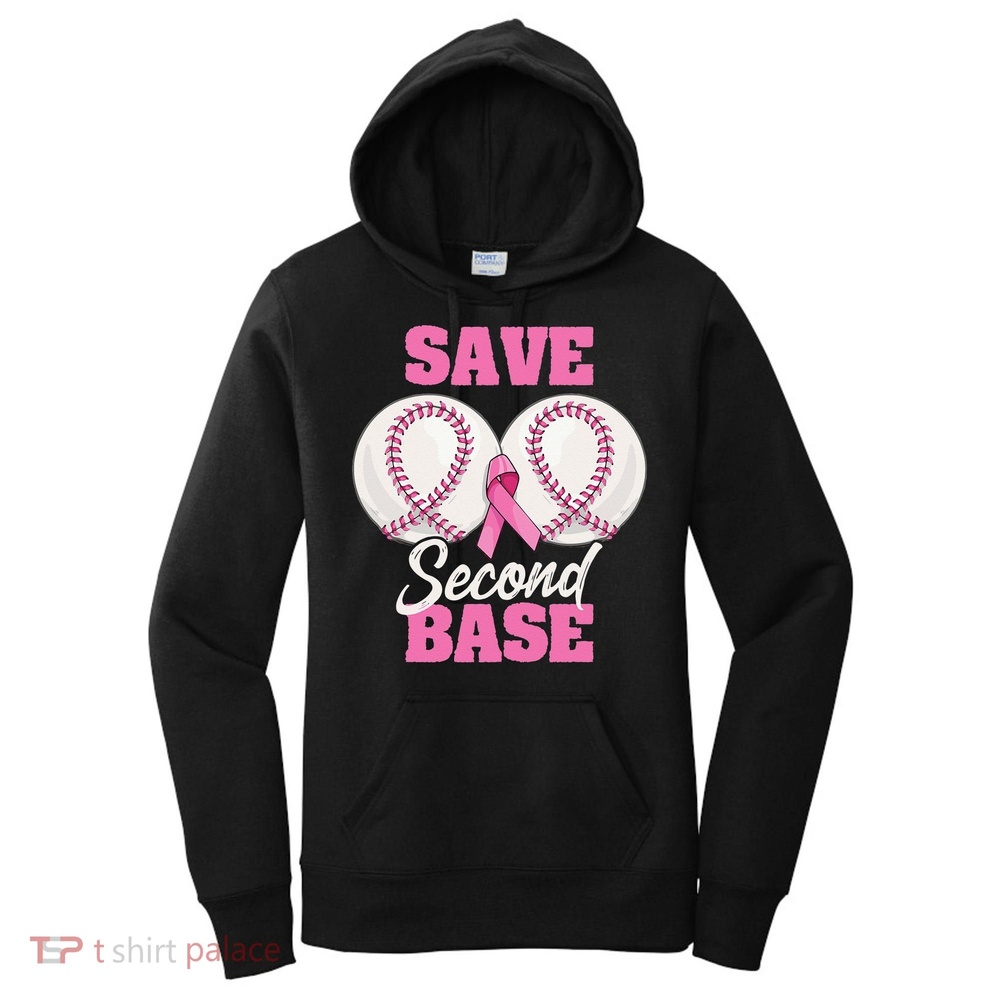 Save Second 2nd Base Funny Baseball Breast Cancer Awareness Women's Hoodie