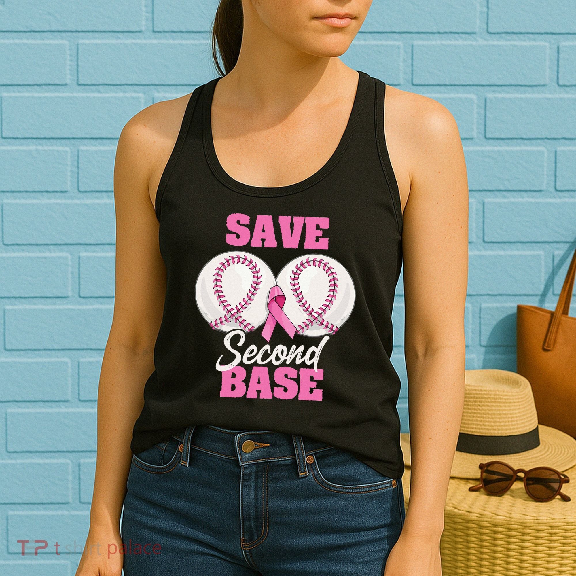 Save Second 2nd Base Funny Baseball Breast Cancer Awareness Women's Tank Top