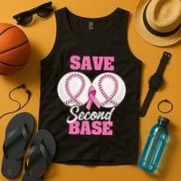 Save Second 2nd Base Funny Baseball Breast Cancer Awareness Tank Top thumb 4