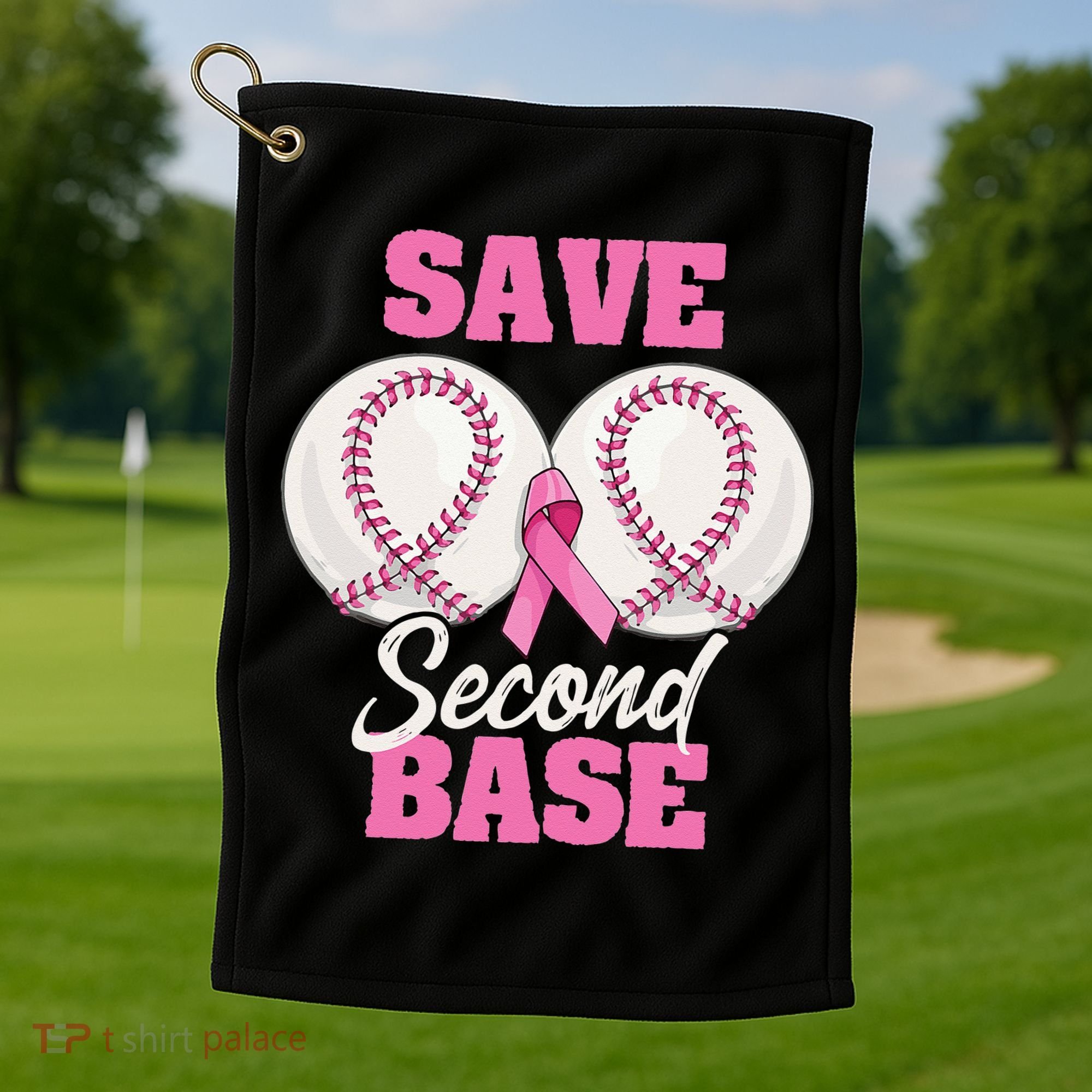 Save Second 2nd Base Funny Baseball Breast Cancer Awareness Golf Towel
