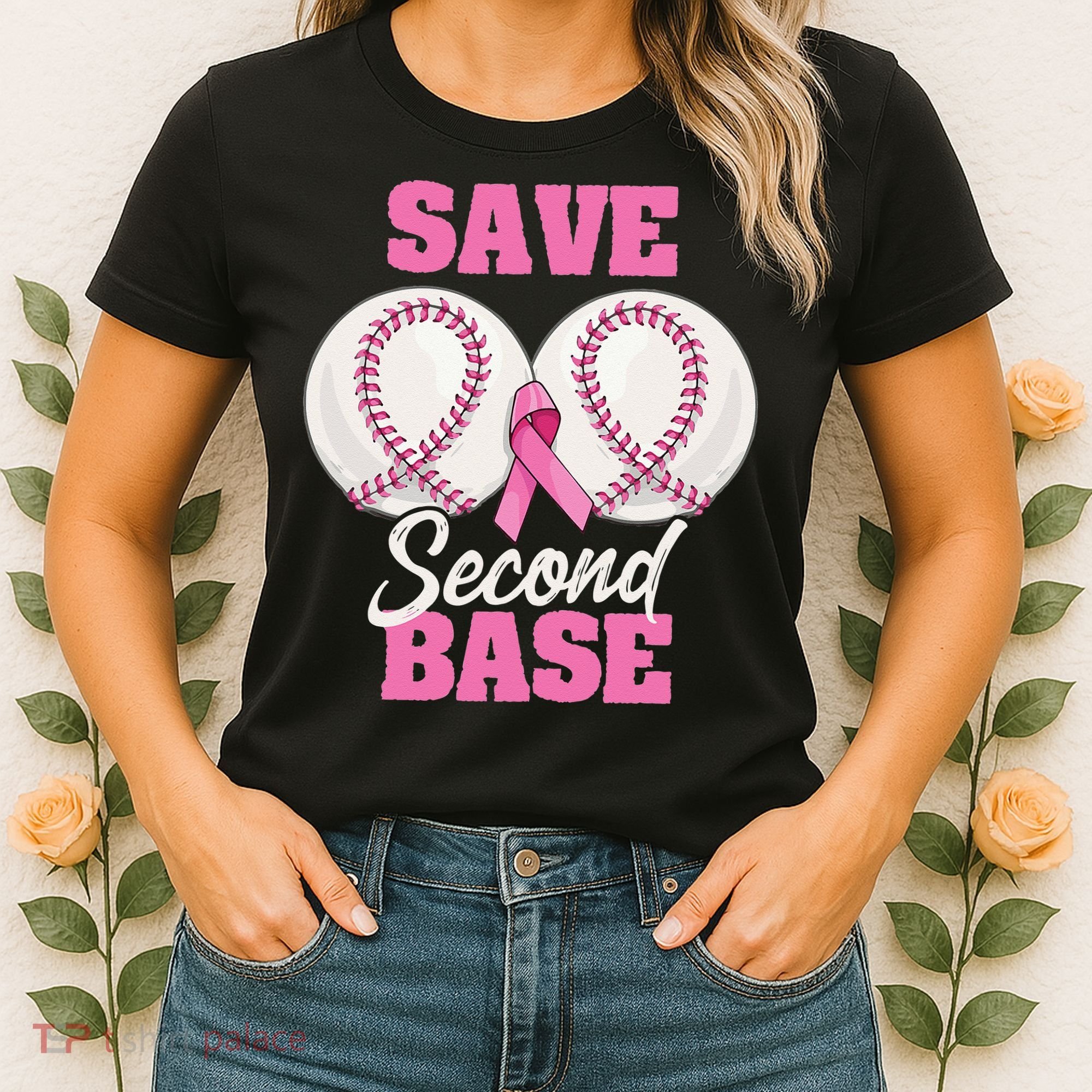 Save Second 2nd Base Funny Baseball Breast Cancer Awareness Women's T-Shirt