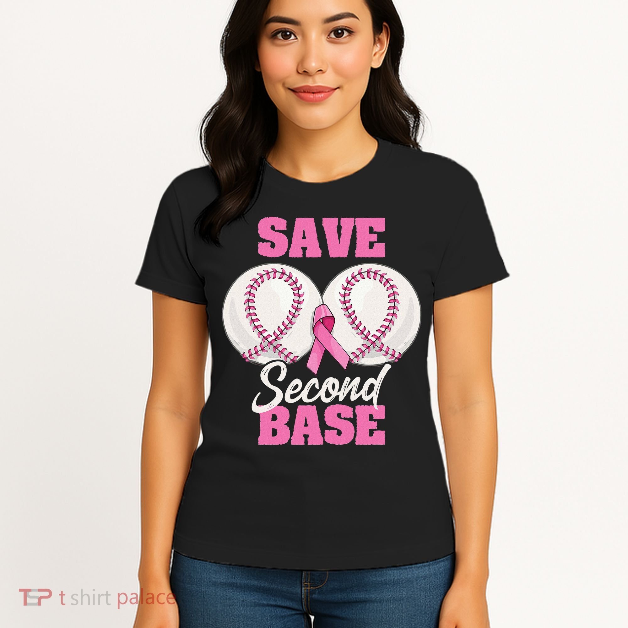 Save Second 2nd Base Funny Baseball Breast Cancer Awareness Women's T-Shirt