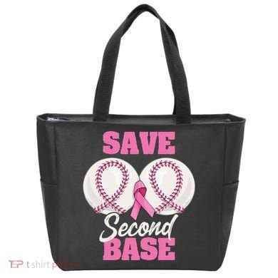 Save Second 2nd Base Funny Baseball Breast Cancer Awareness Tote Bag