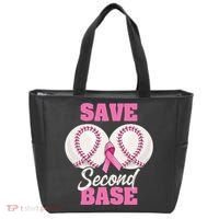Save Second 2nd Base Funny Baseball Breast Cancer Awareness Tote Bag thumb 0