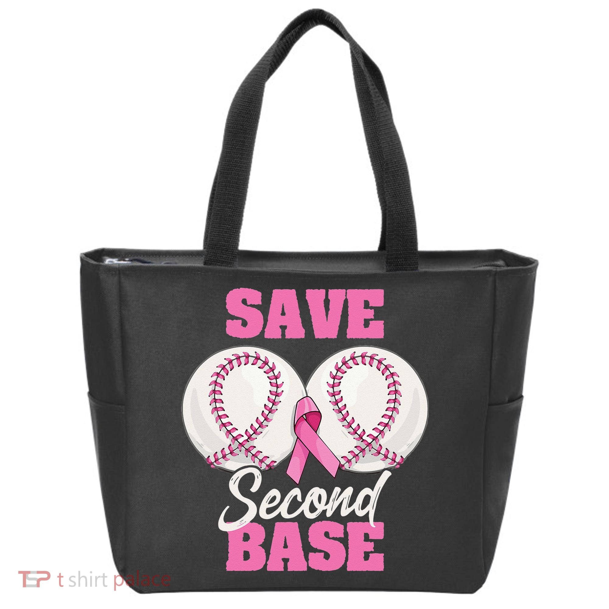 Save Second 2nd Base Funny Baseball Breast Cancer Awareness Tote Bag