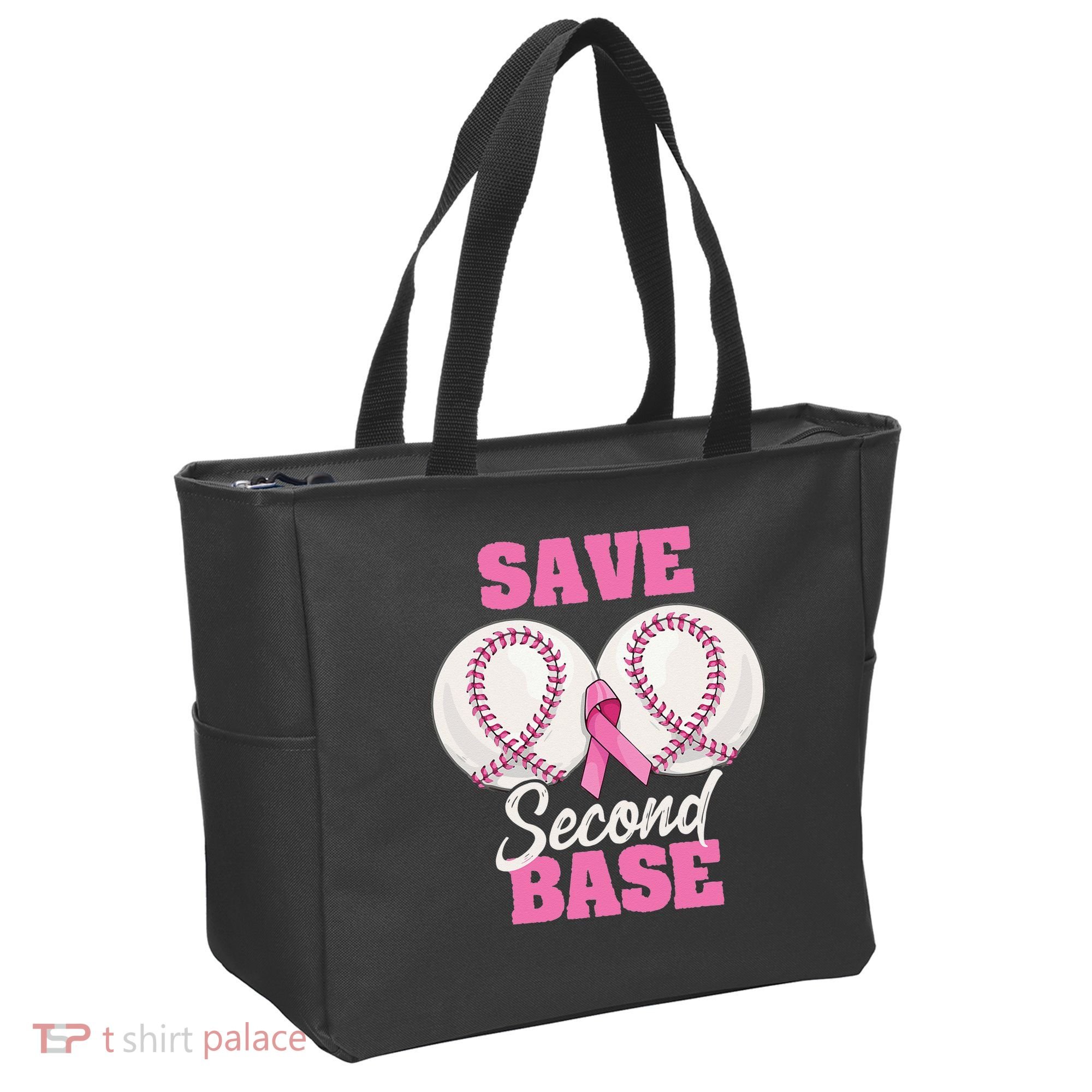 Save Second 2nd Base Funny Baseball Breast Cancer Awareness Tote Bag