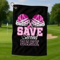 Save Second 2nd Base Baseball Breast Cancer Golf Towel thumb 1