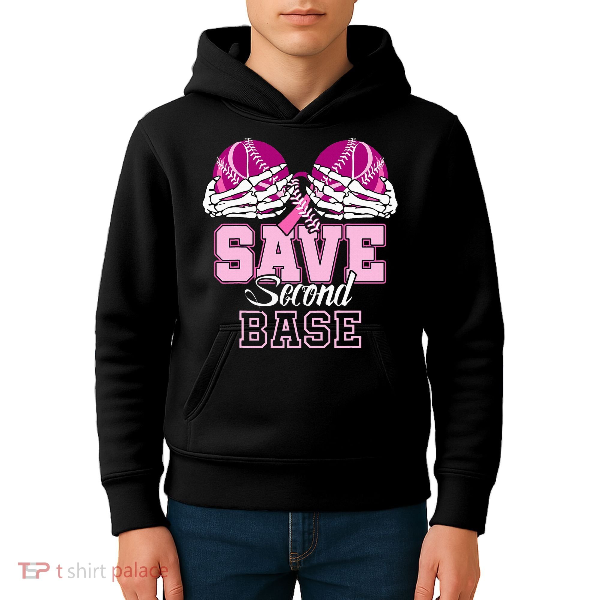 Save Second 2nd Base Baseball Breast Cancer Kids Hoodie