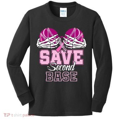 Save Second 2nd Base Baseball Breast Cancer Kids Long Sleeve Shirt