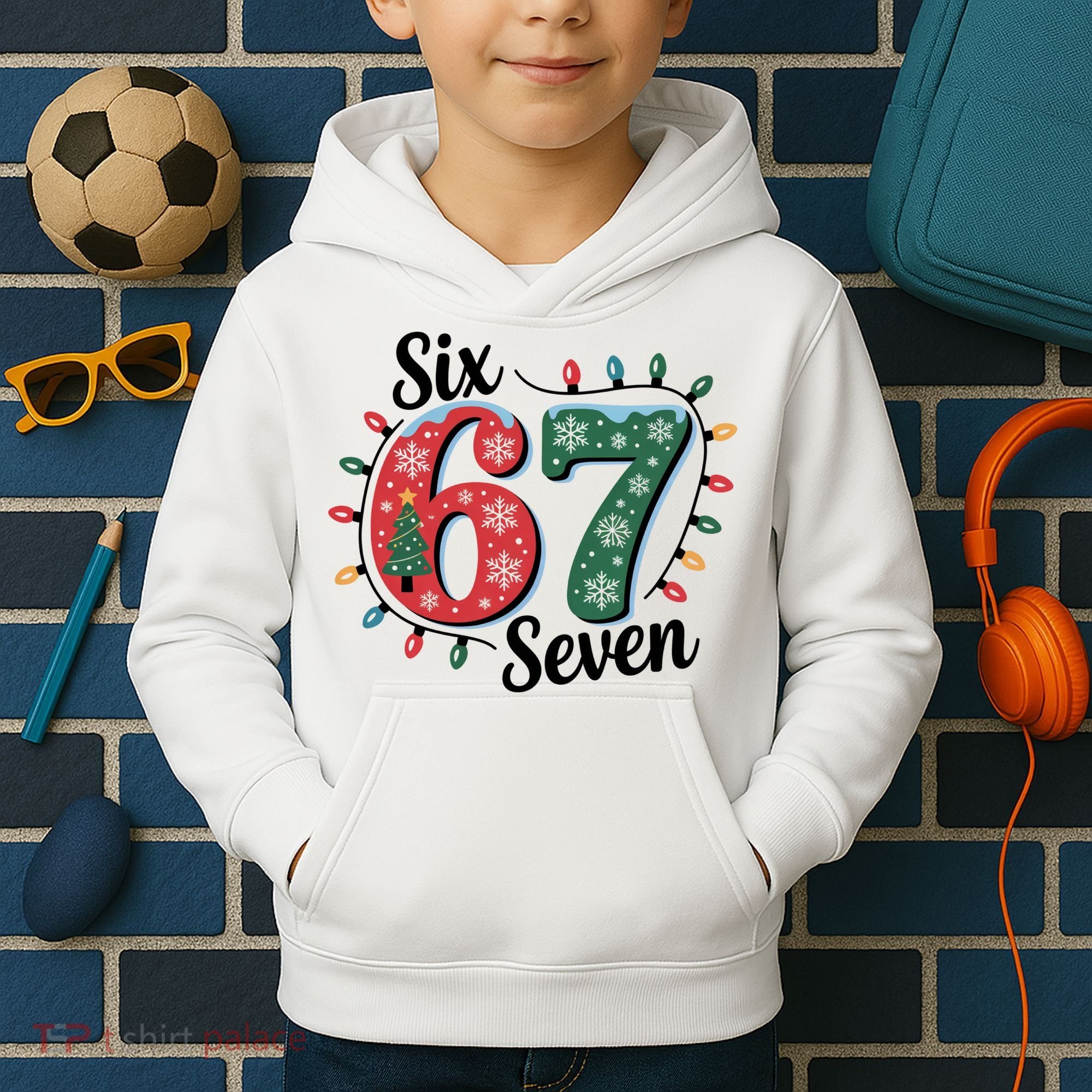 Six Seven 67 6-7 Christmas Lights Xmas Meme Kids Hoodie