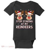 Stop Staring At My Reindeers Dirty Xmas Boob Joke Baby Bodysuit thumb 0