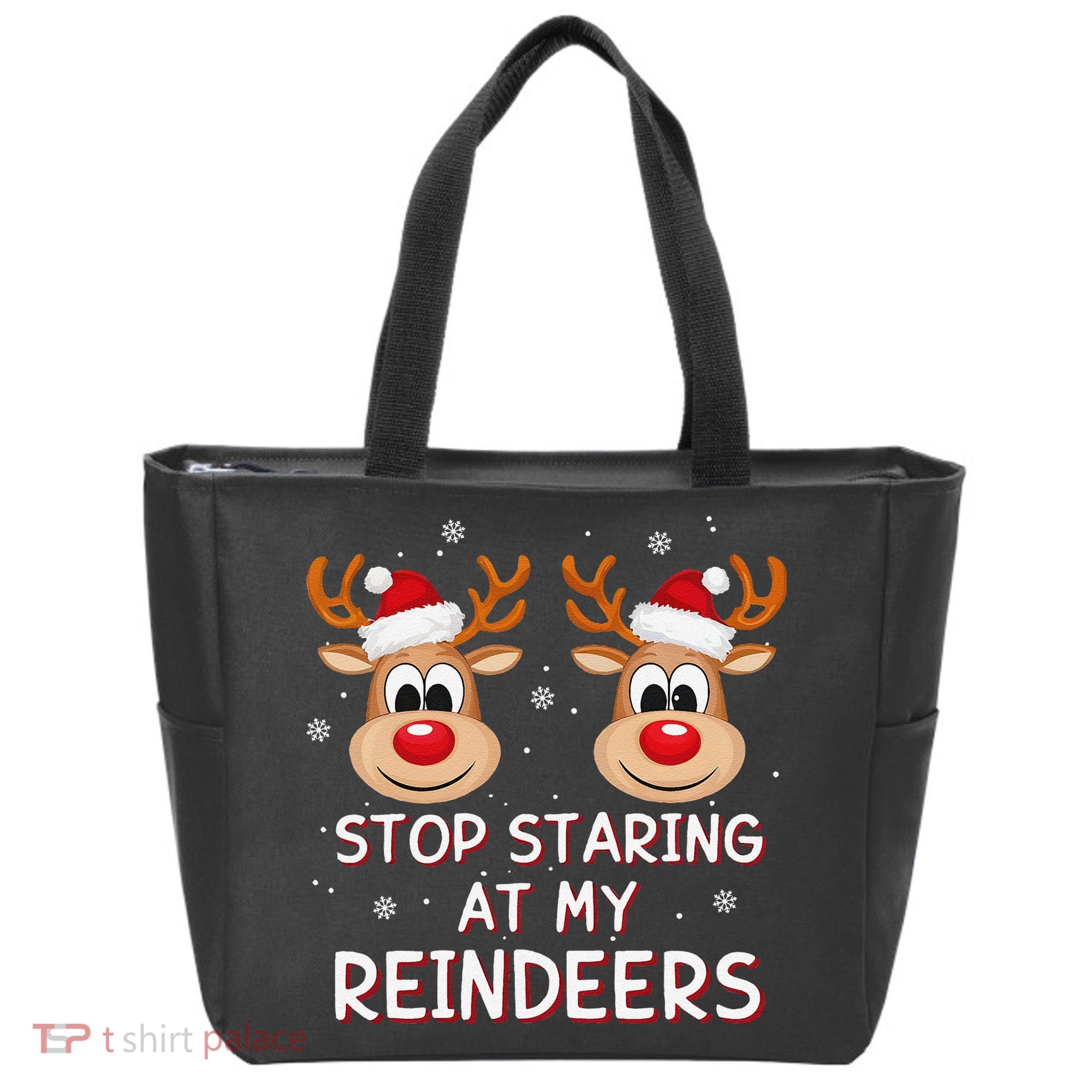 Stop Staring At My Reindeers Dirty Xmas Boob Joke Tote Bag