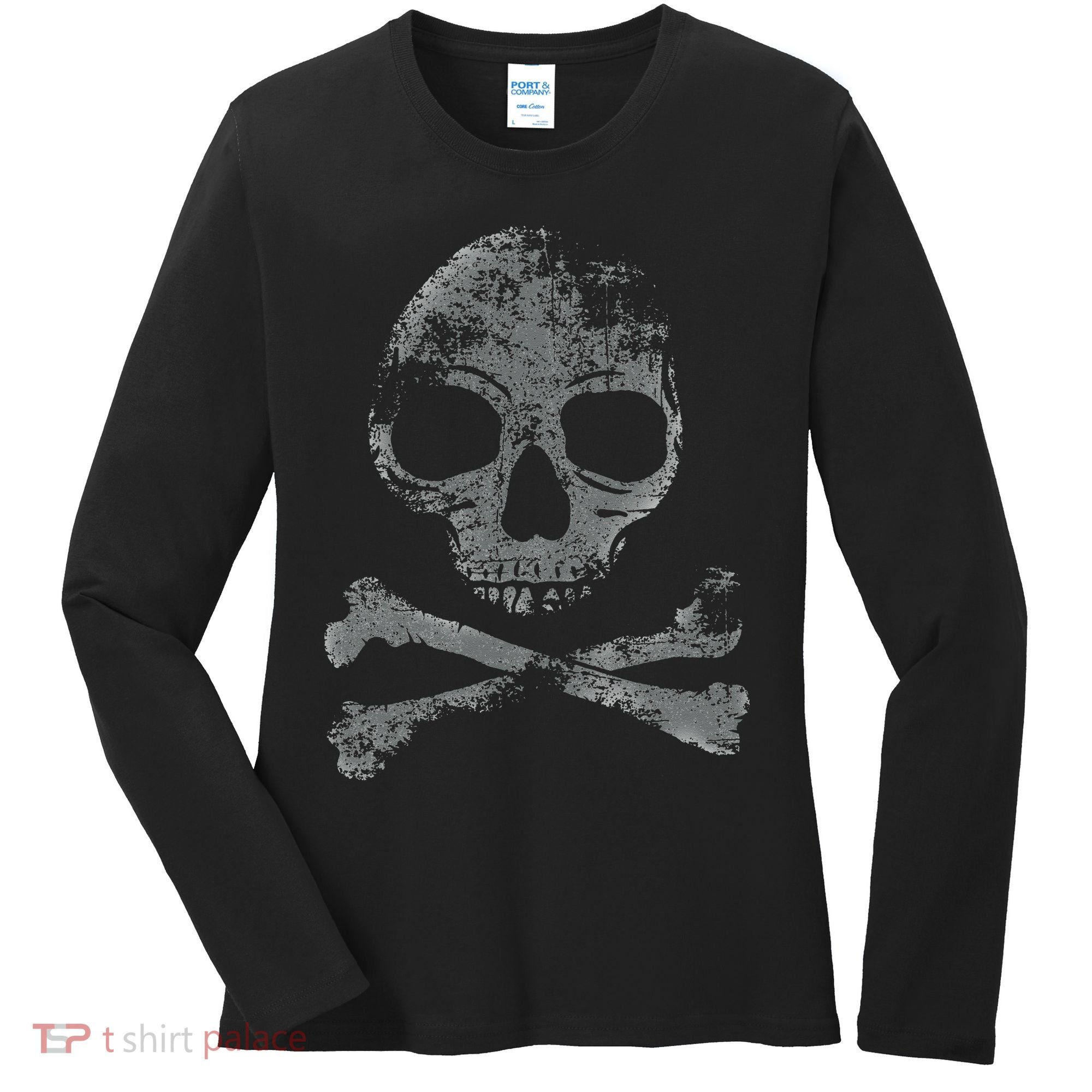 Scary Skull And Crossbones Grunge Style Gothic Creepy Spooky Women's Long Sleeve Shirt