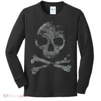 Scary Skull And Crossbones Grunge Style Gothic Creepy Spooky Kids Long Sleeve Shirt thumb 0