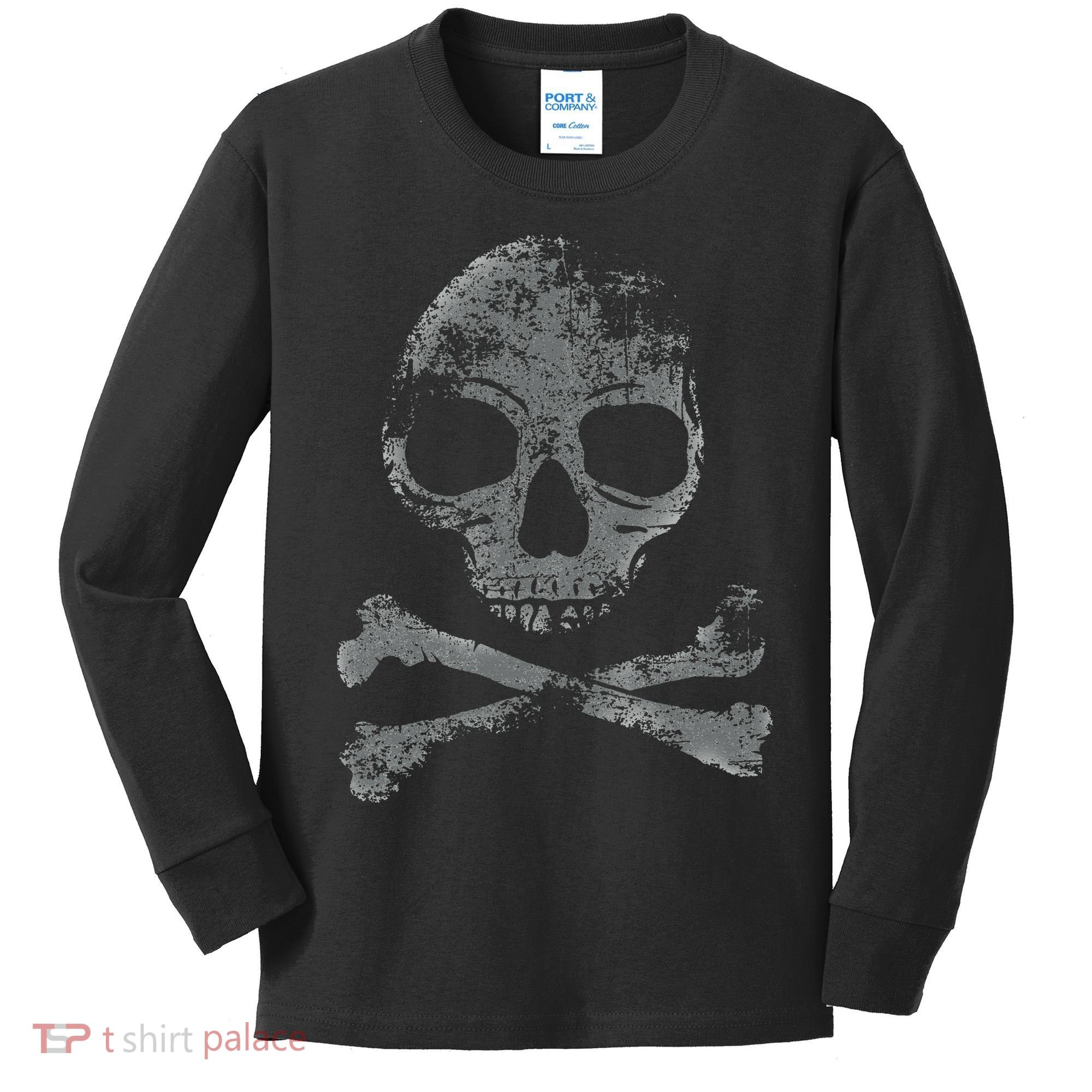 Scary Skull And Crossbones Grunge Style Gothic Creepy Spooky Kids Long Sleeve Shirt