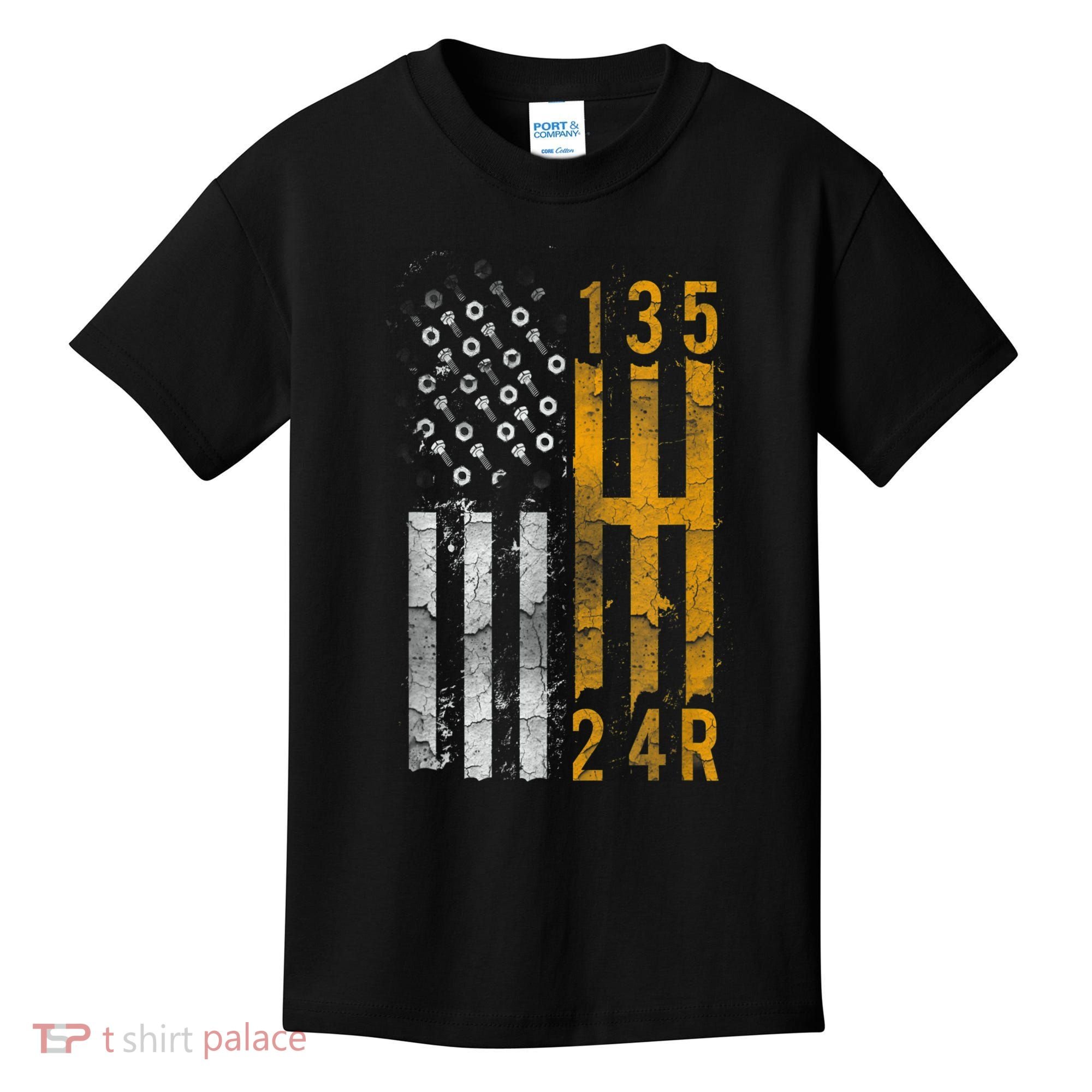 Stick Shift American Flag Muscle Car Mechanic Kids T-Shirt