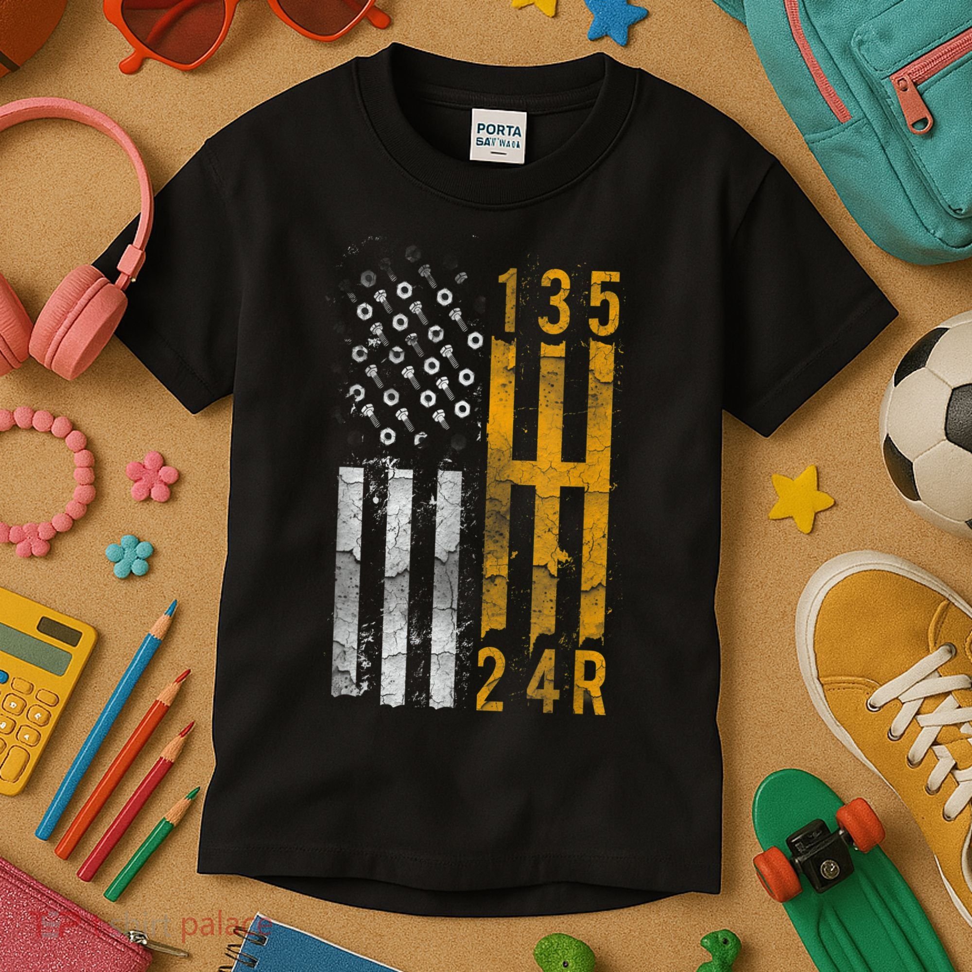 Stick Shift American Flag Muscle Car Mechanic Kids T-Shirt
