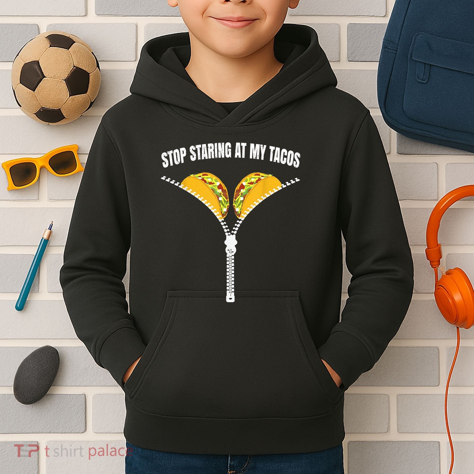 Stop Staring At My Tacos Zip Funny Kids Hoodie