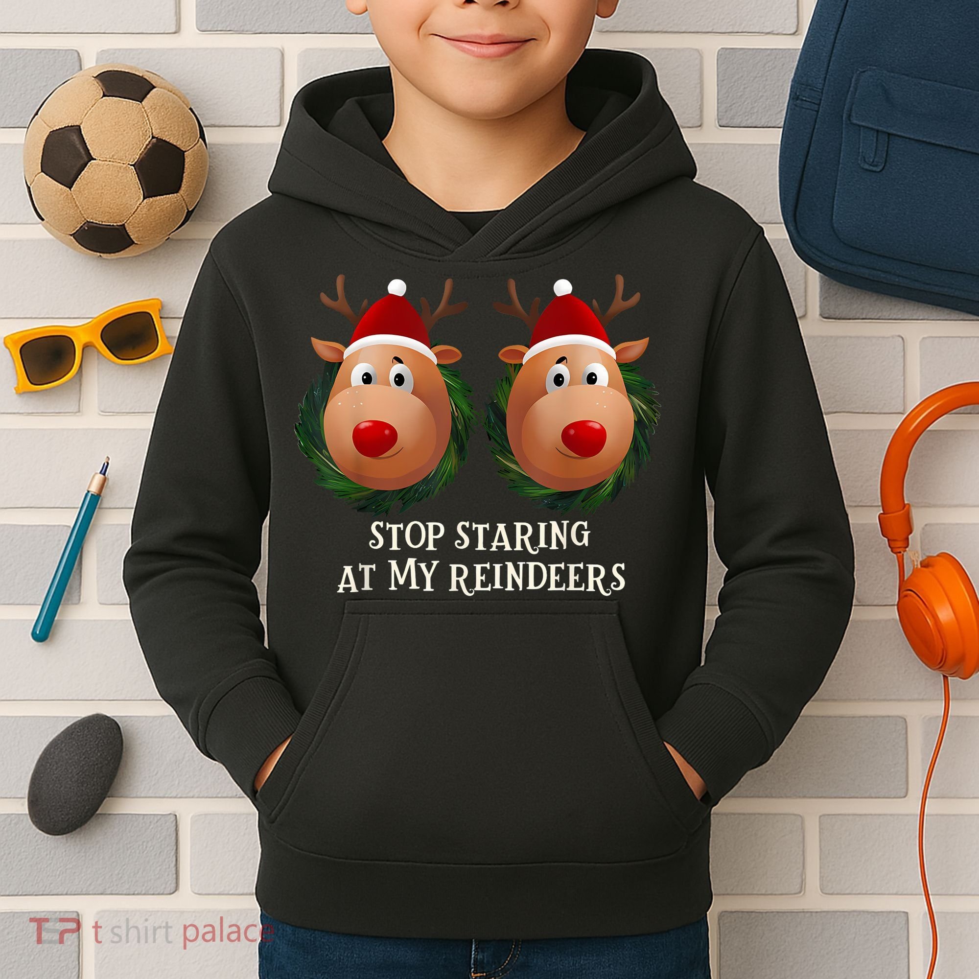 Stop Staring At My Reindeers Ugly Gag Xmas Sweater Christmas Kids Hoodie